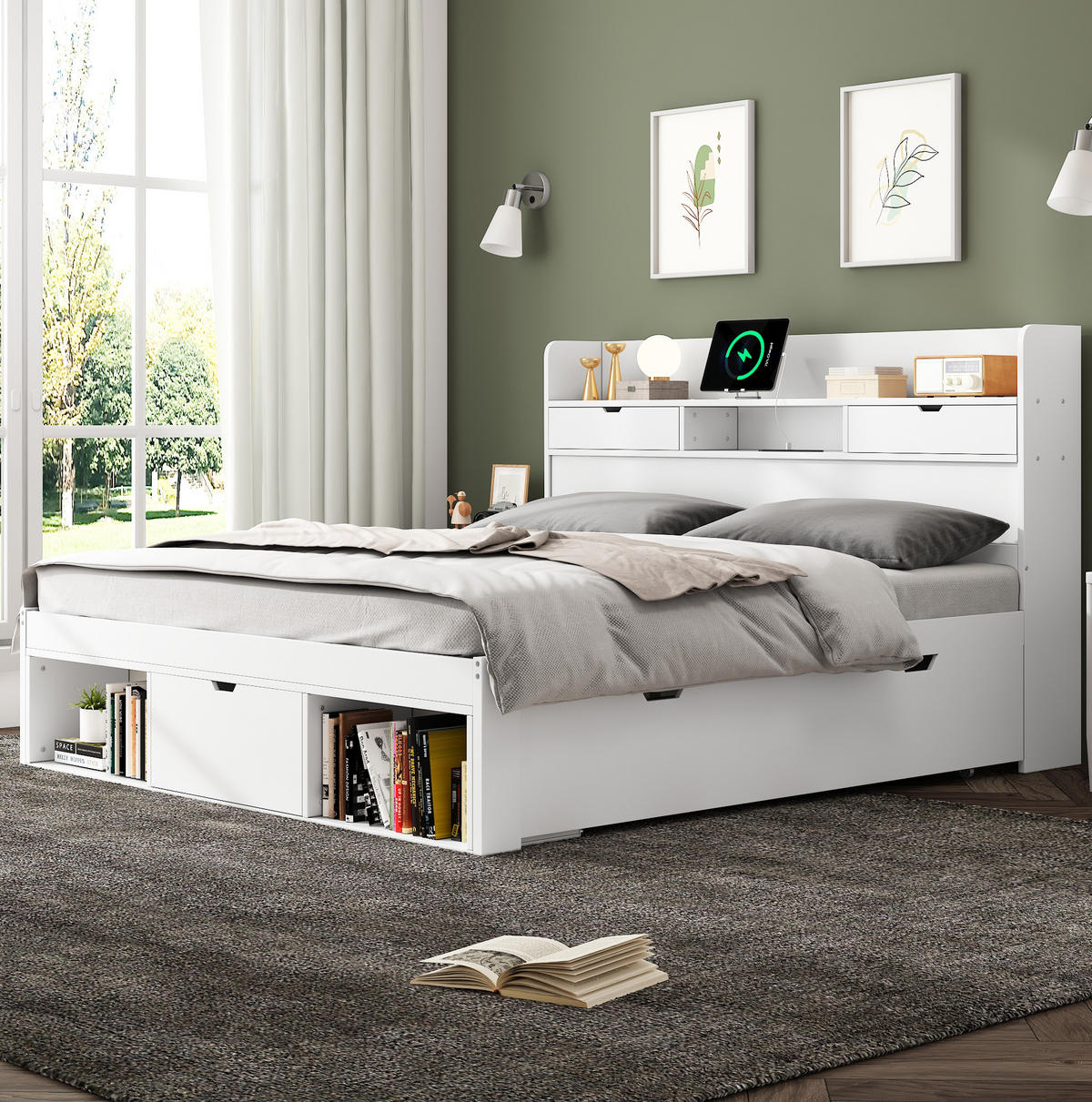 POLSTERBETT 140/190 cm Weiß mit Stauraum und USB- und Type-C-Anschlüssen - Weiß, Holz (140/190cm) - Flora Grace