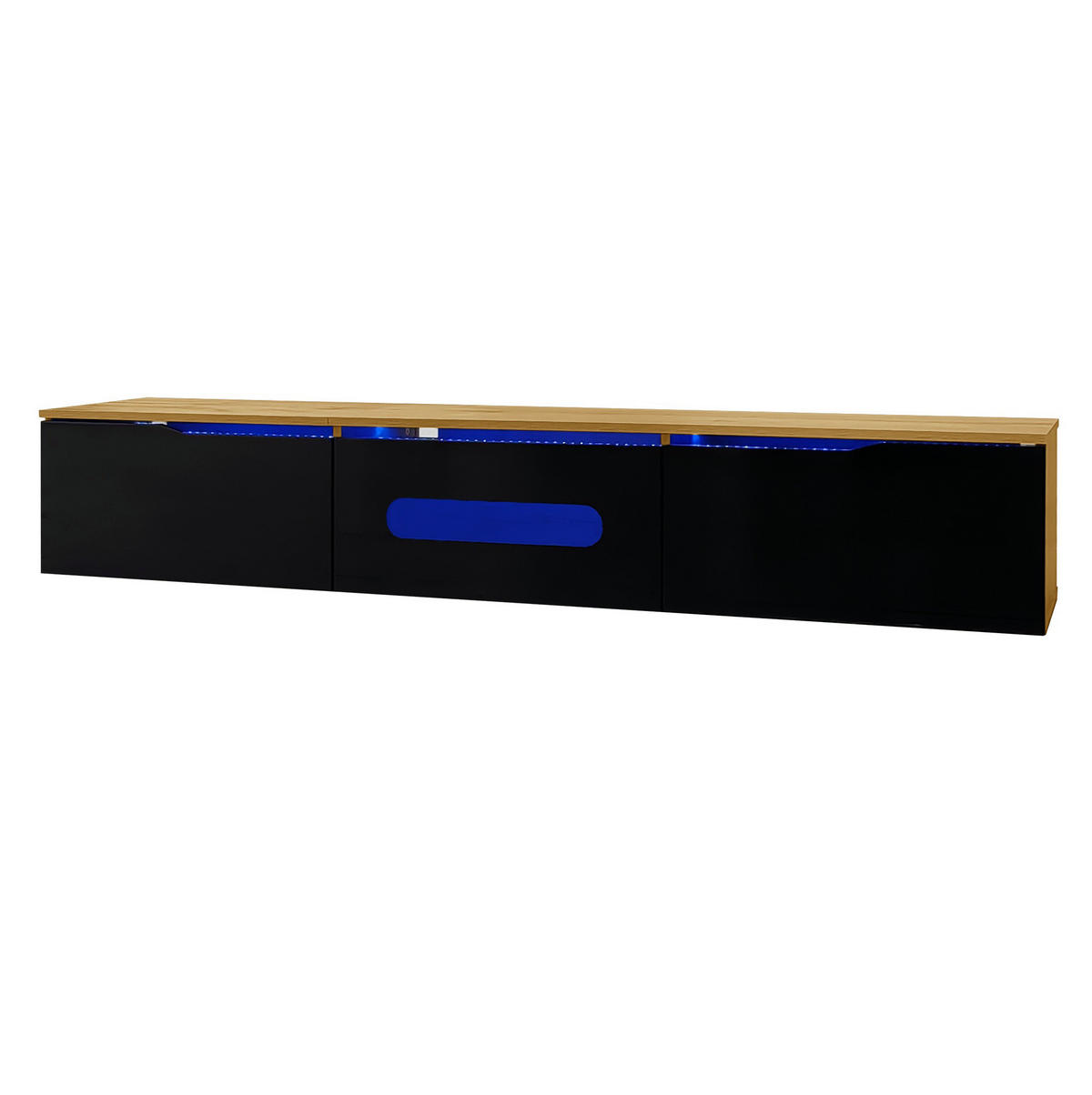TV-LOWBOARD aus MDF und Spanplatte 180x35x30 cm Schwarz und Holzfarbe mit LED-Beleuchtung, Soft-Close und Wandmontage - Schwarz, Holzwerkstoff (180/30/35cm) - Modfu