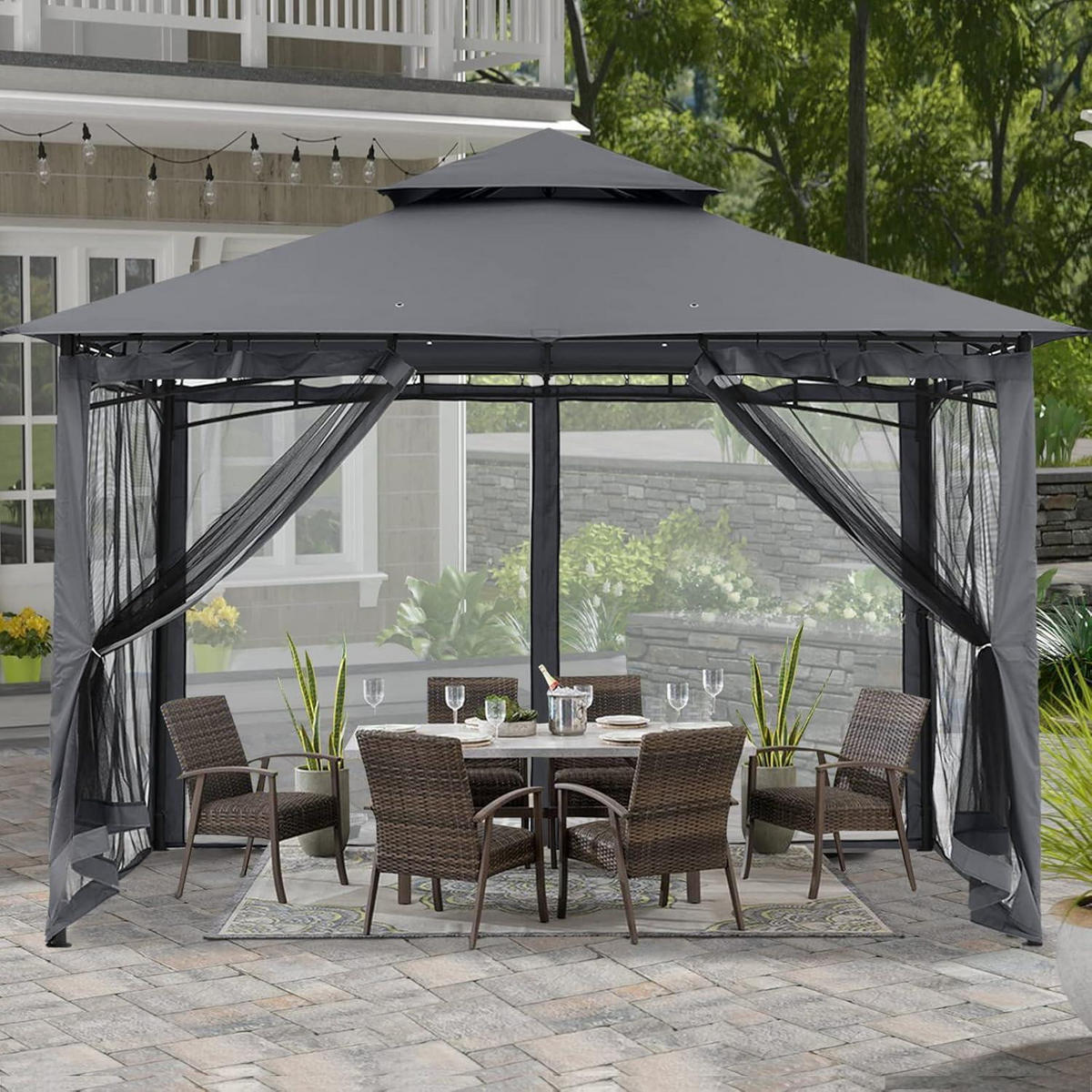 GARTENPAVILLON 2,5 x 2,5 m Grau mit Netz - Grau, Metall (274.3/280.4/274.3cm)