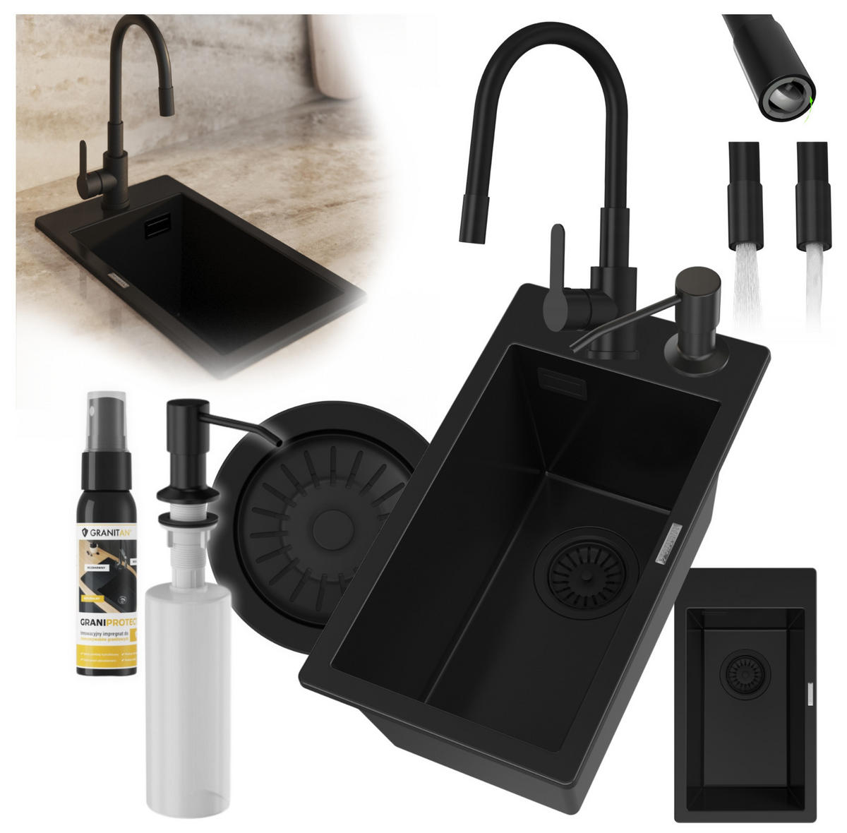 SPÜLBECKEN Solo 5-tlg. Granit Schwarz Matt 280/500 mm - Schwarz, Stein (28/21/28cm) - Granitan