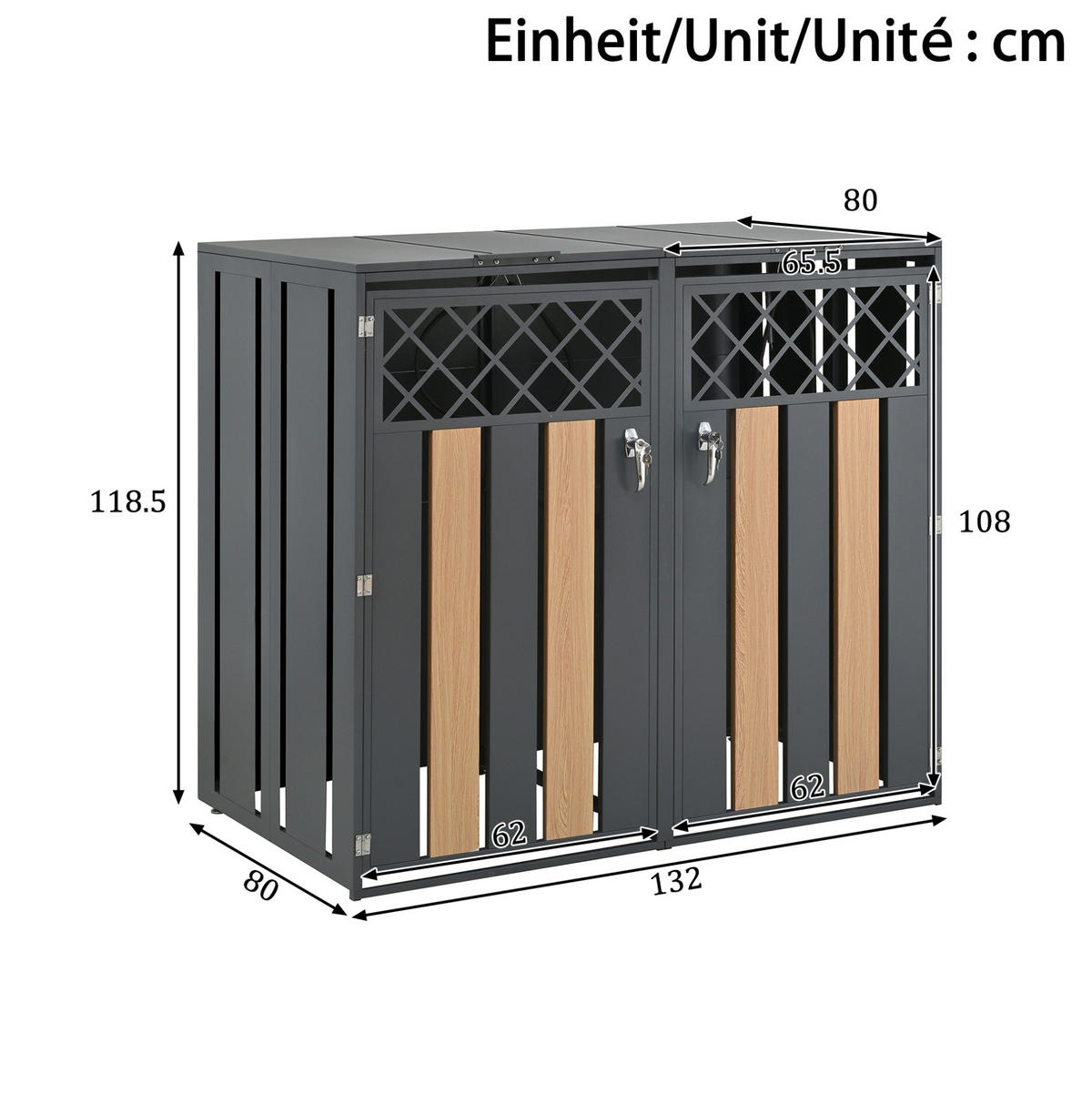 MÜLLTONNENBOX aus Stahl in Grau Holzoptik mit Klappdeckel 132x80x118,5 cm - Grau, Metall (132/118.5/80cm) - Modfu