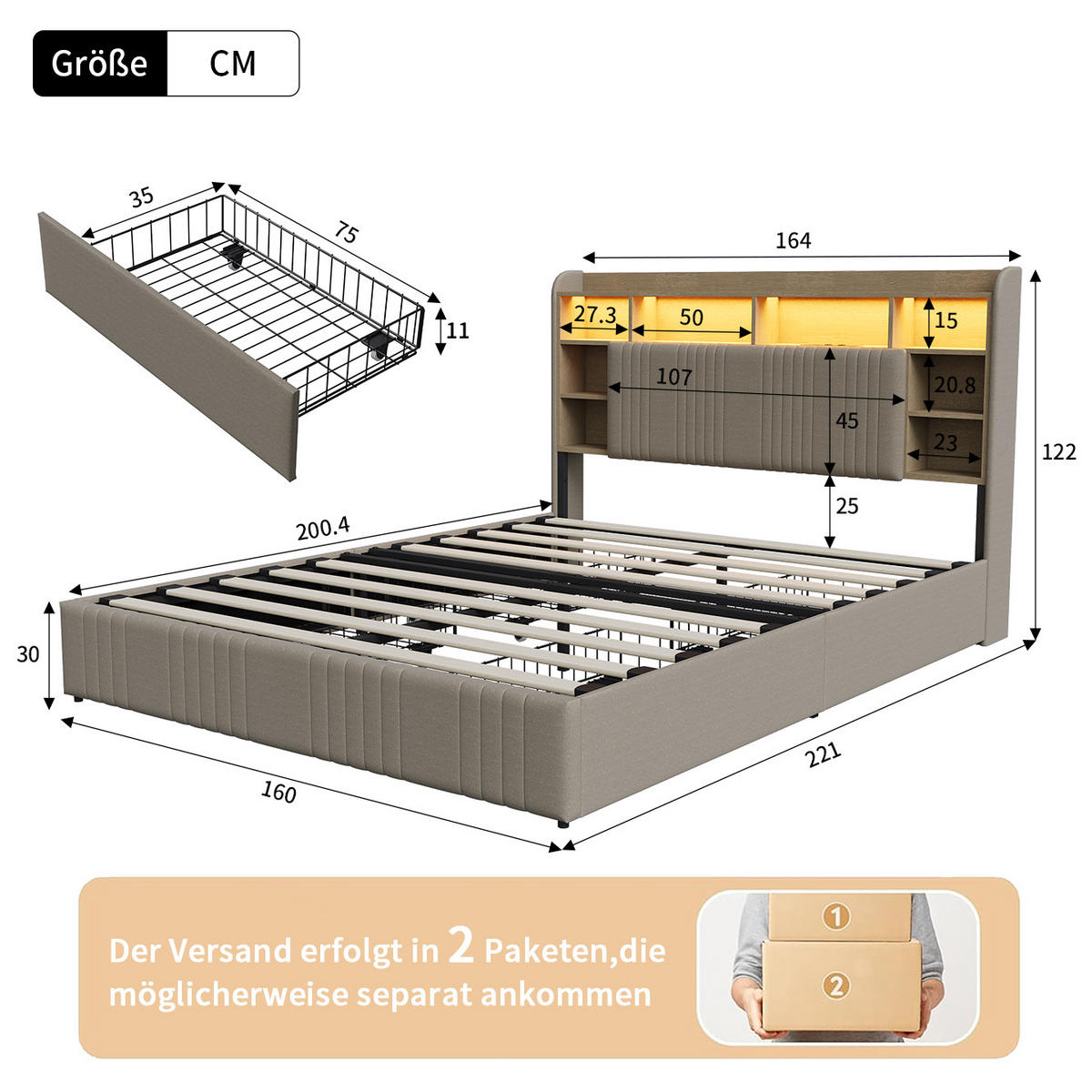 POLSTERBETT 160/200 cm Beige mit 4 Schubladen, LED-Kopfteil mit Ablage und USB - Beige, Metall (160/200cm) - EuroLiving