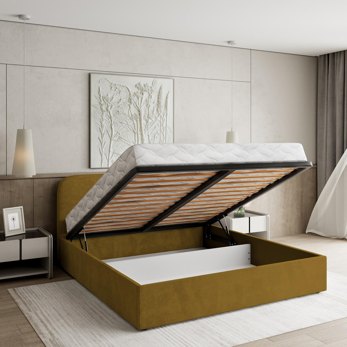 POLSTERBETT RENIVE K 120x200 cm mit Bettkästen - Gelb - Gelb, Holz/Textil - MASSENO