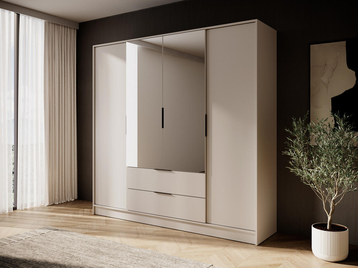 KLEIDERSCHRANK mit Spiegel 206 cm Kalma, 4 Türen, 2 Schubladen, Kaschmir - Kaschmir, Holz (206/200/51cm) - Emporius