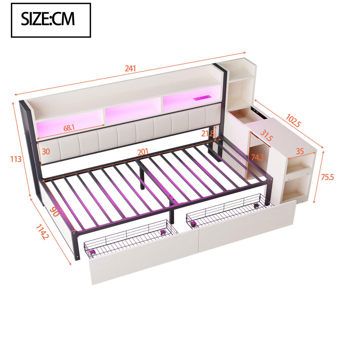 KREVET 90/200 cm s pomičnim radnim stolom, skrivenim spremištem i utičnicama, Bijela - bijela, metal (90/200cm) - Redom