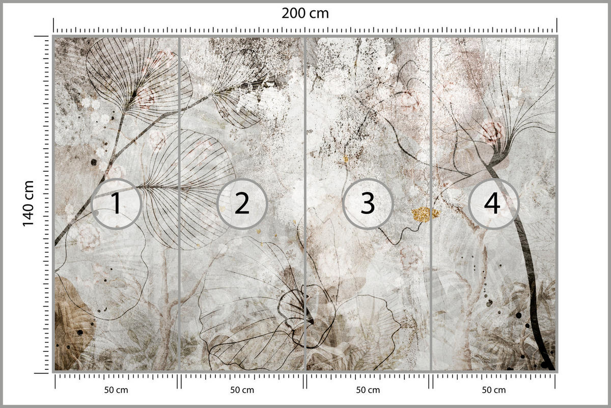 FOTOTAPETE für Wohnzimmer Vintage Blätter Blumen Beton Abstrakt 200x140 - Gelb/Orange, Papier (200/140cm) - Muralo