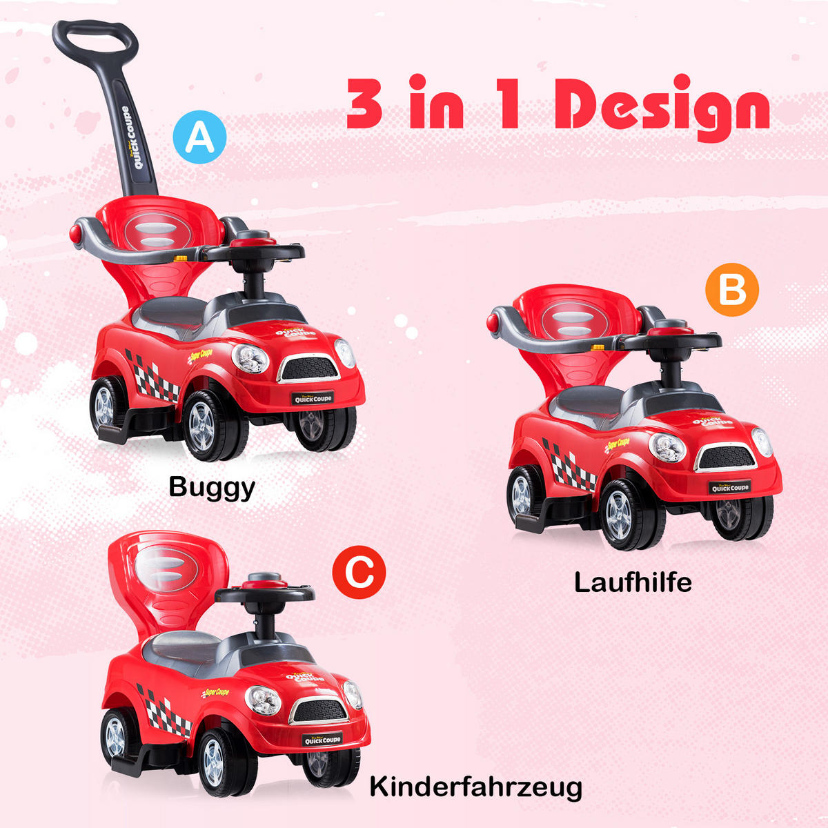 SCHIEBEWAGEN Rot - Rot, Kunststoff (43/84/89cm) - COSTWAY