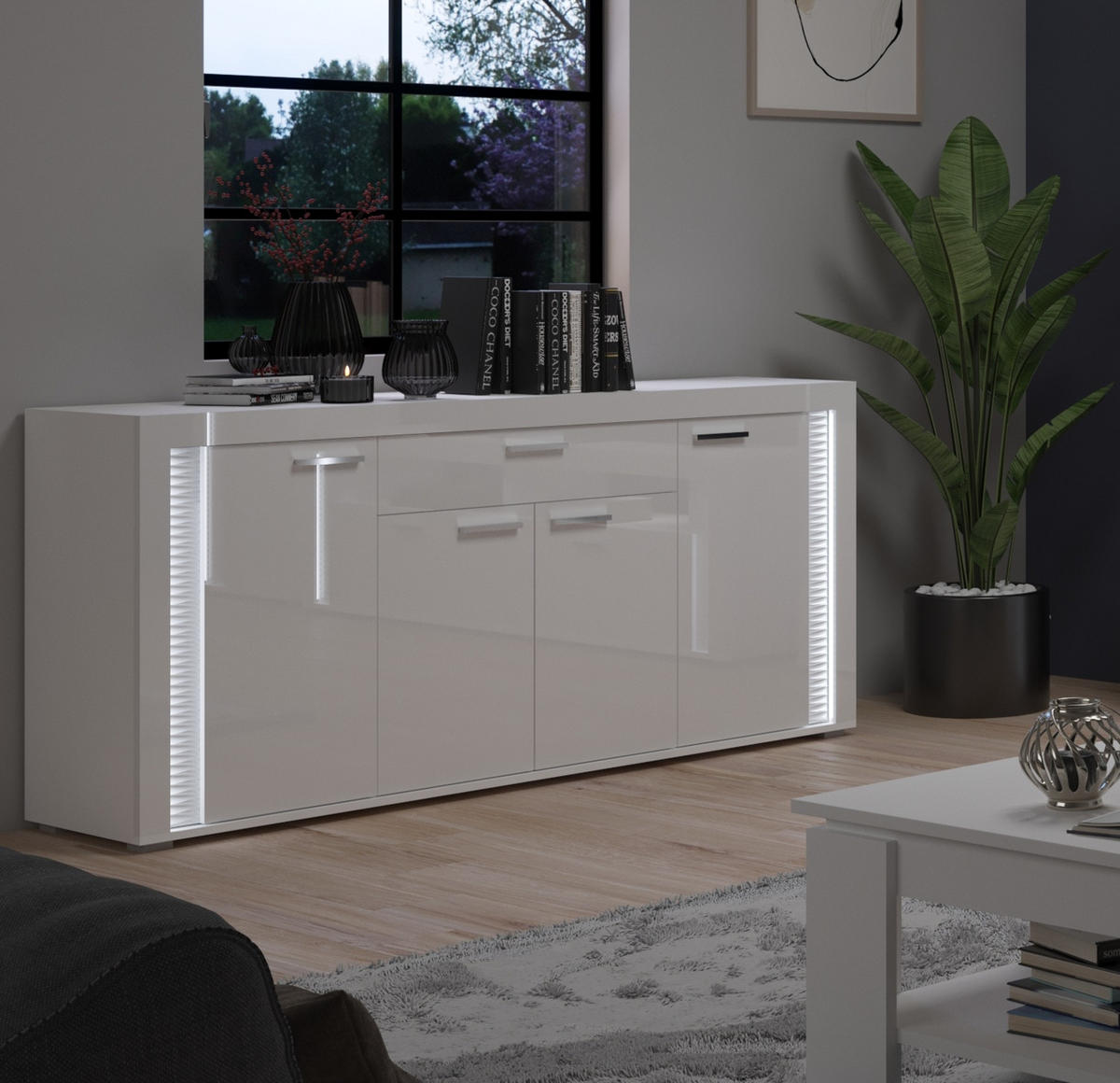SIDEBOARD weiß Hochglanz 180 cm, mit Soft-Close-Funktion, inkl. Beleuchtung - Weiß Hochglanz/Silberfarben, Holzwerkstoff/Kunststoff (182/84/42cm) - Inn.Furn