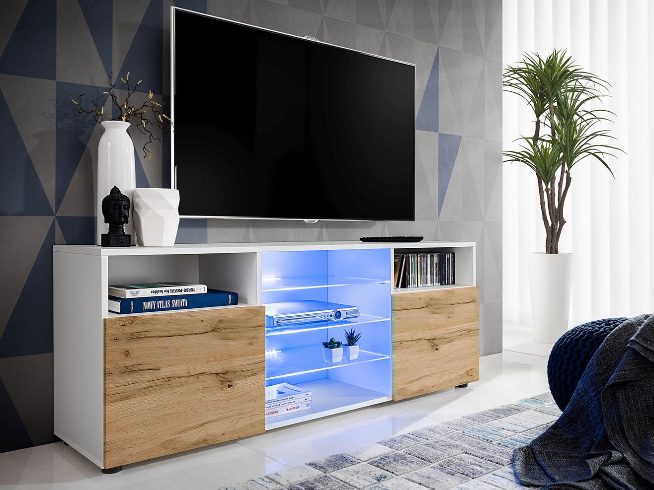 SIDEBOARD TV URBINO Weiß, Blau LED Beleuchtung - Eiche Wotan/Weiß, Glas/Holzwerkstoff (140/53/35cm) - Komodee