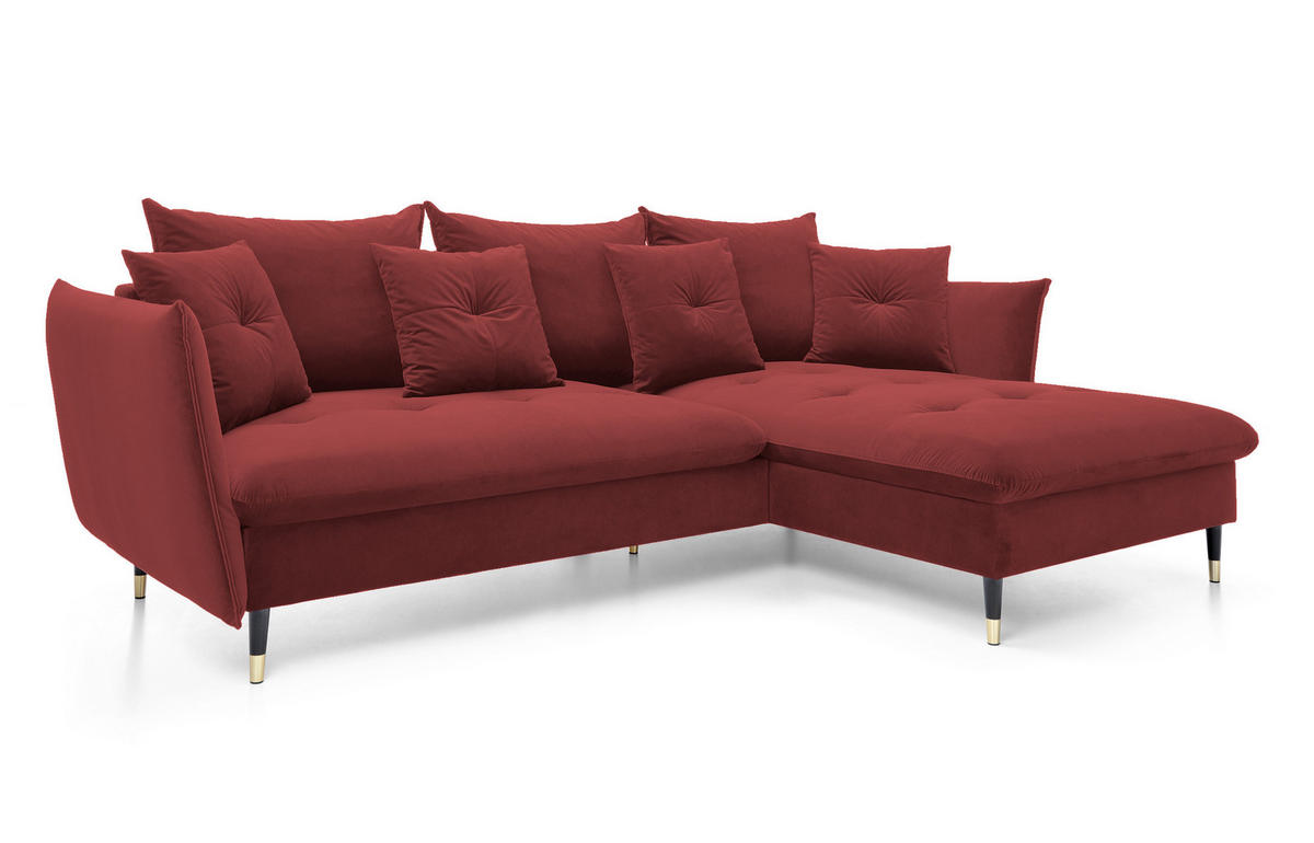 ECKSOFA GLAM mit Schlaffunktion, Ottomane & goldenen Füßen – Samtsofa im Glamour-Stil mit Zierkissen, 258x167x91 cm, rechte, burgunderrot​ - Bordeaux, Holz/Textil (258/167cm) - DomoHome