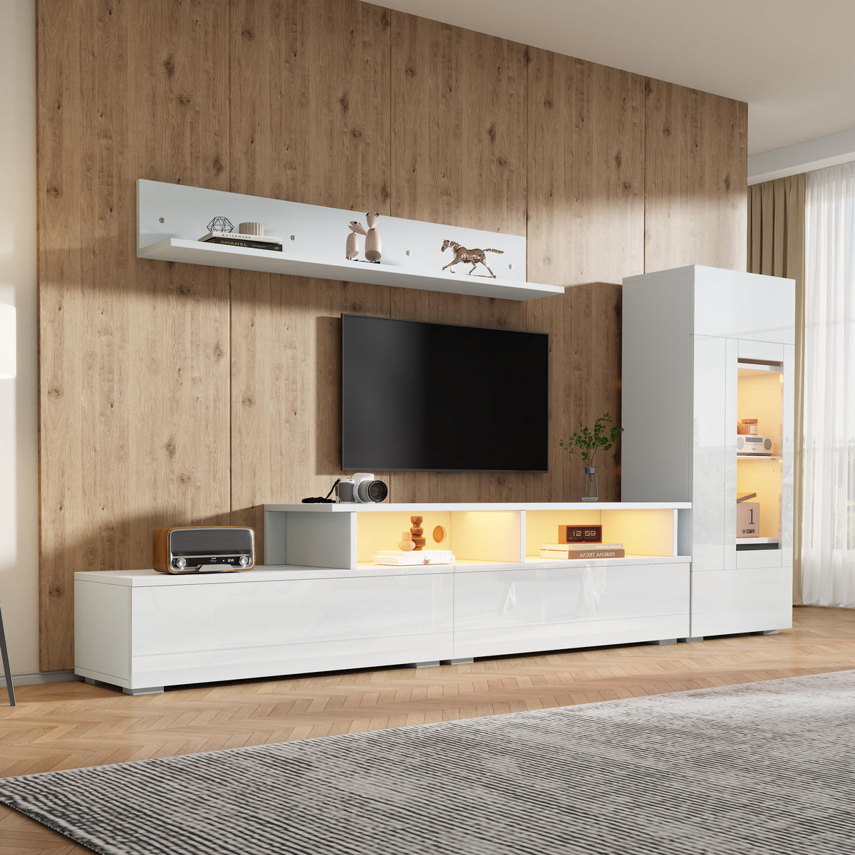 WOHNWAND 3-teilig LED Hochglanz Weiß TV Schrank - Weiß, Holzwerkstoff (170/45/35cm) - FLIEKS