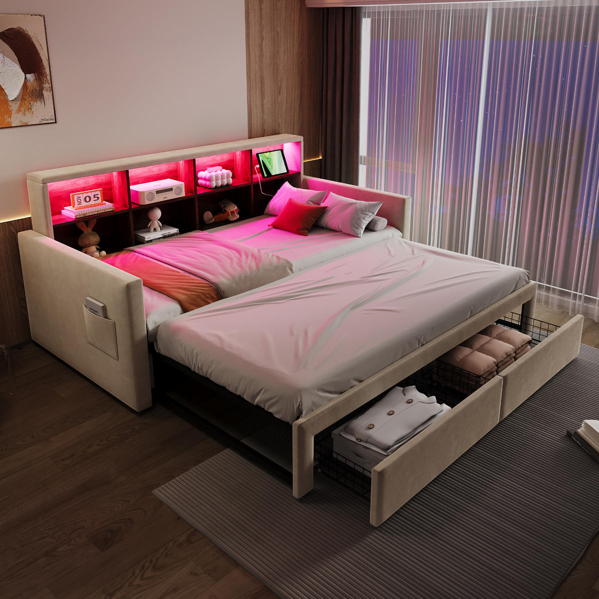 POLSTERBETT 90/190 cm Beige aus Samt mit Stauraum und LED-Beleuchtung - Beige, Textil (90/190cm) - OKWISH