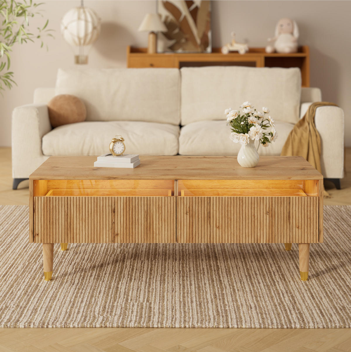 COUCHTISCH aus MDF 110x50x40 cm Holzfarbe mit 2 Schubladen und LED-Beleuchtung - Naturfarben, Holzwerkstoff (110/50/40cm) - IVMEU