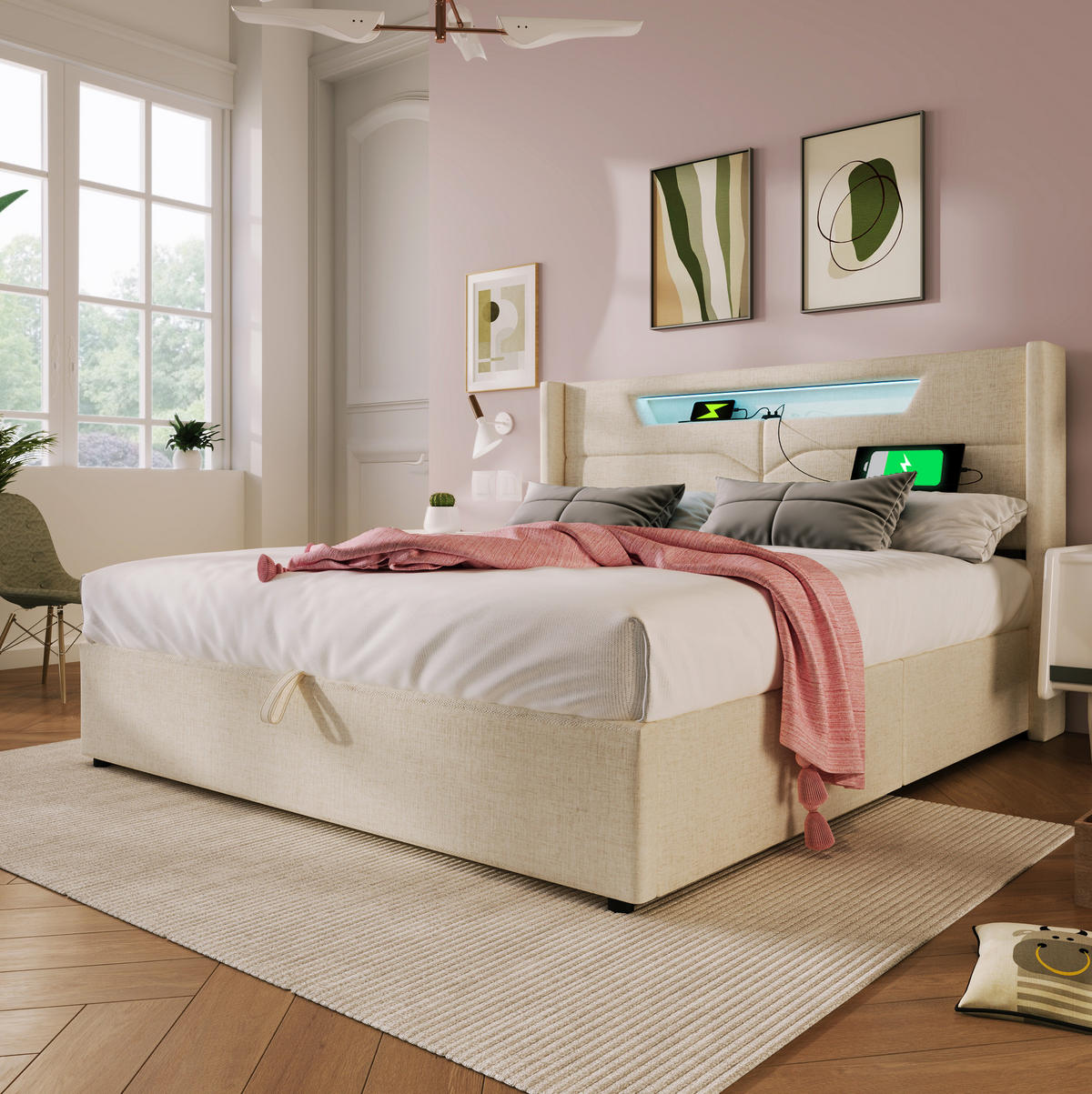 POLSTERBETT mit LED, USB und Stauraum 160x200 cm Leinen Beige - Beige, Metall (160/200cm) - Meubliv
