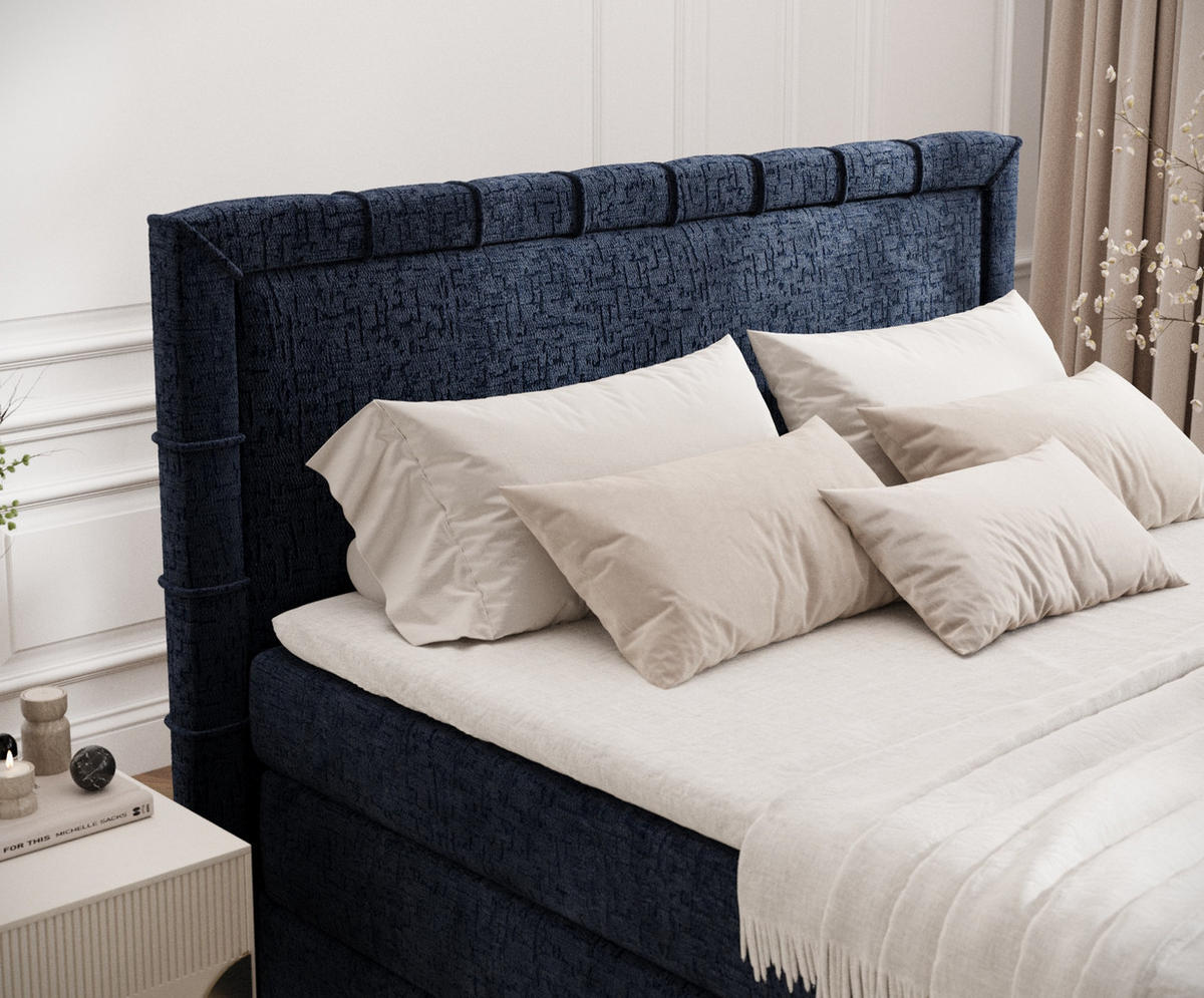 BOXBETT Estelle Marineblau 200/200 cm im Chenille-Stoff - Schwarz/Dunkelblau, Holz/Holzwerkstoff (200/200cm) - Maison de Reve