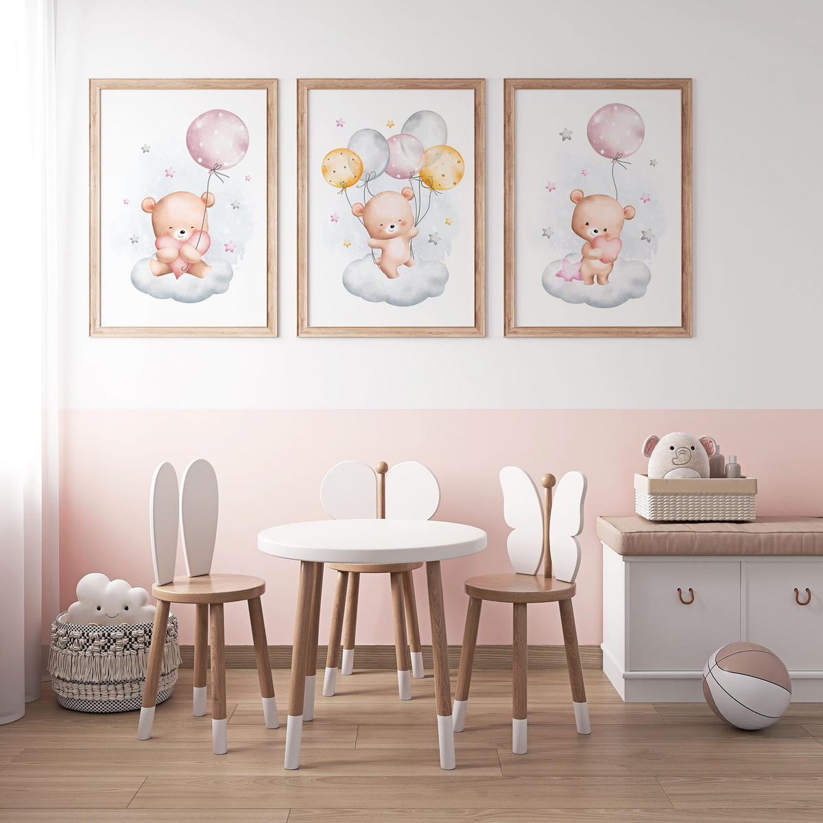 SADA PLAGÁTOV Do Detskej Izby Mackovia Oblaky Balóny Hviezdy 3x Plagát A3 30 x 42 cm - oranžová/hnedá, papier (30/42/1cm) - Muralo