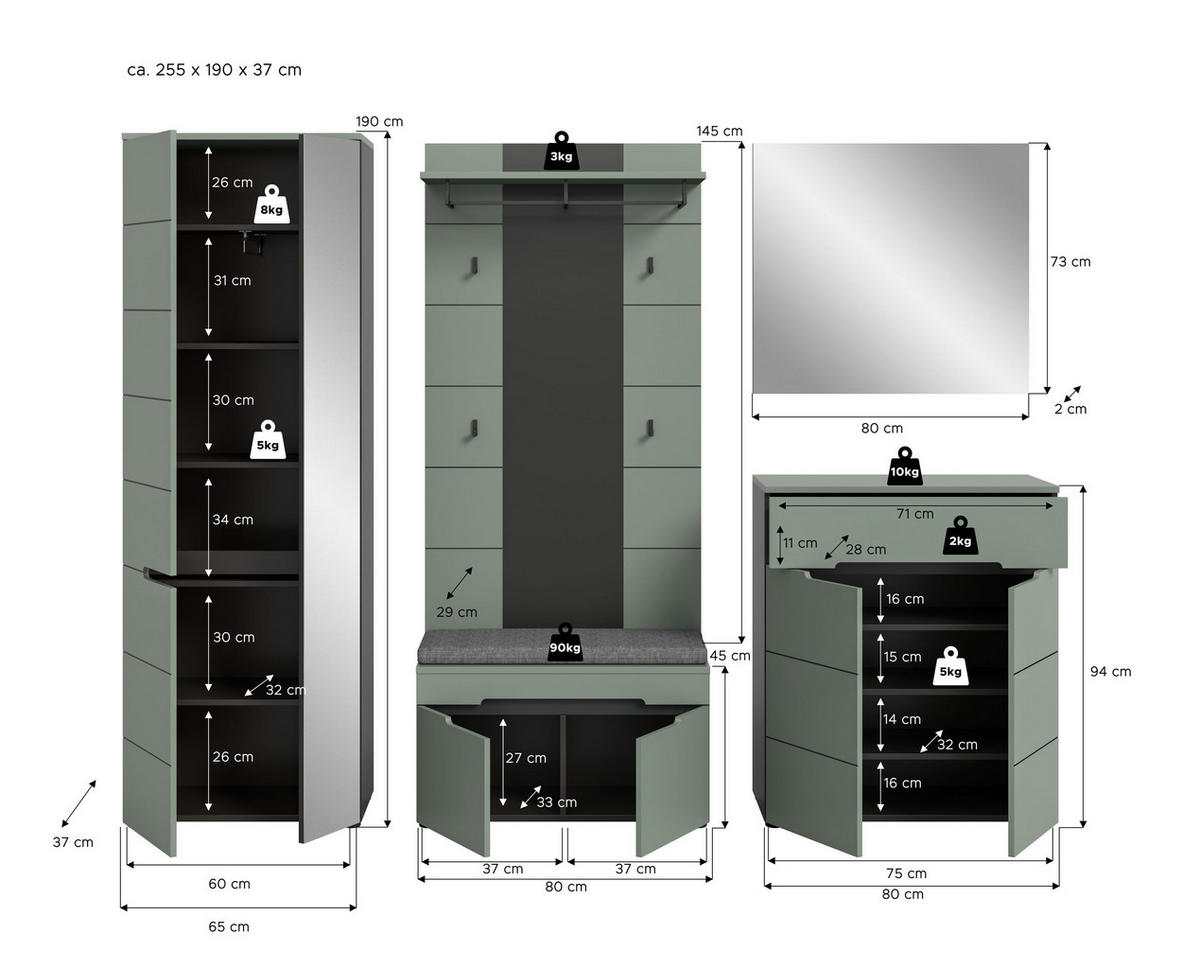 GARDEROBE inkl. Sitzkissen Nova 6 - tlg. (B/H/T: ca. 255/190/37 cm) in Basalt grau/Smoke Green - Grau, Holzwerkstoff (255/190/37cm)