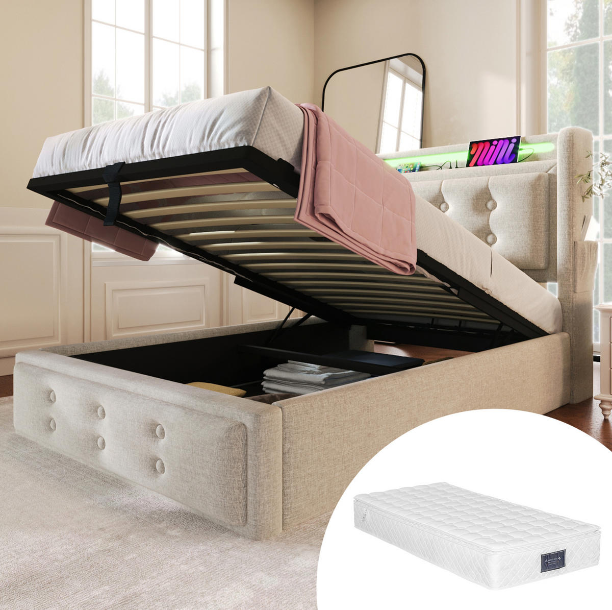 POLSTERBETT mit Bettkasten 90/200 cm in Beige mit LED, USB-C und Matratze - Beige, Textil (90/200cm) - BEAOK