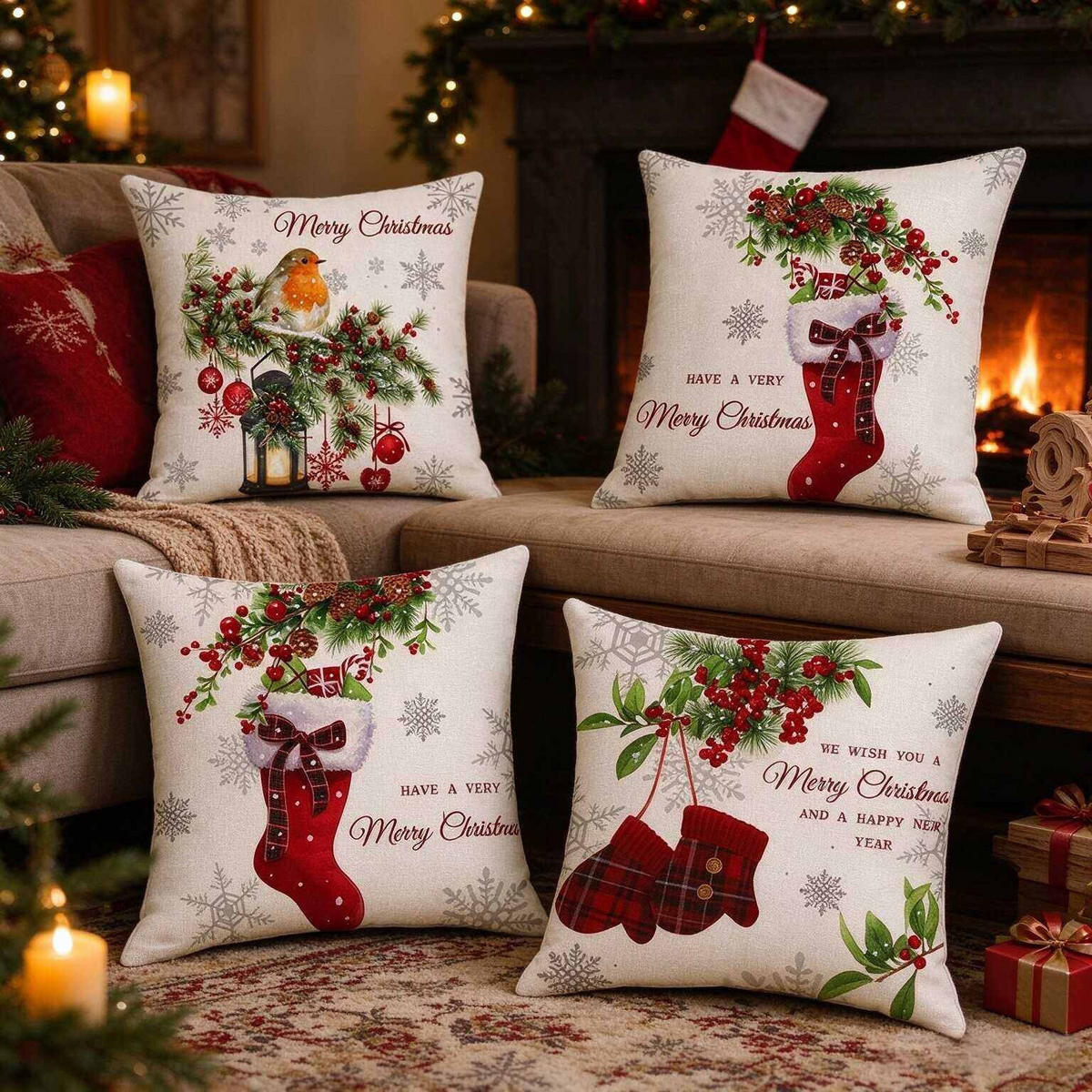 KISSENBEZUG – Weihnachtskissenbezug (Kissenfüllung nicht enthalten) – 45 x 45 cm – Multicolor(vier Stück) - Multicolor, Textil (45/45cm)
