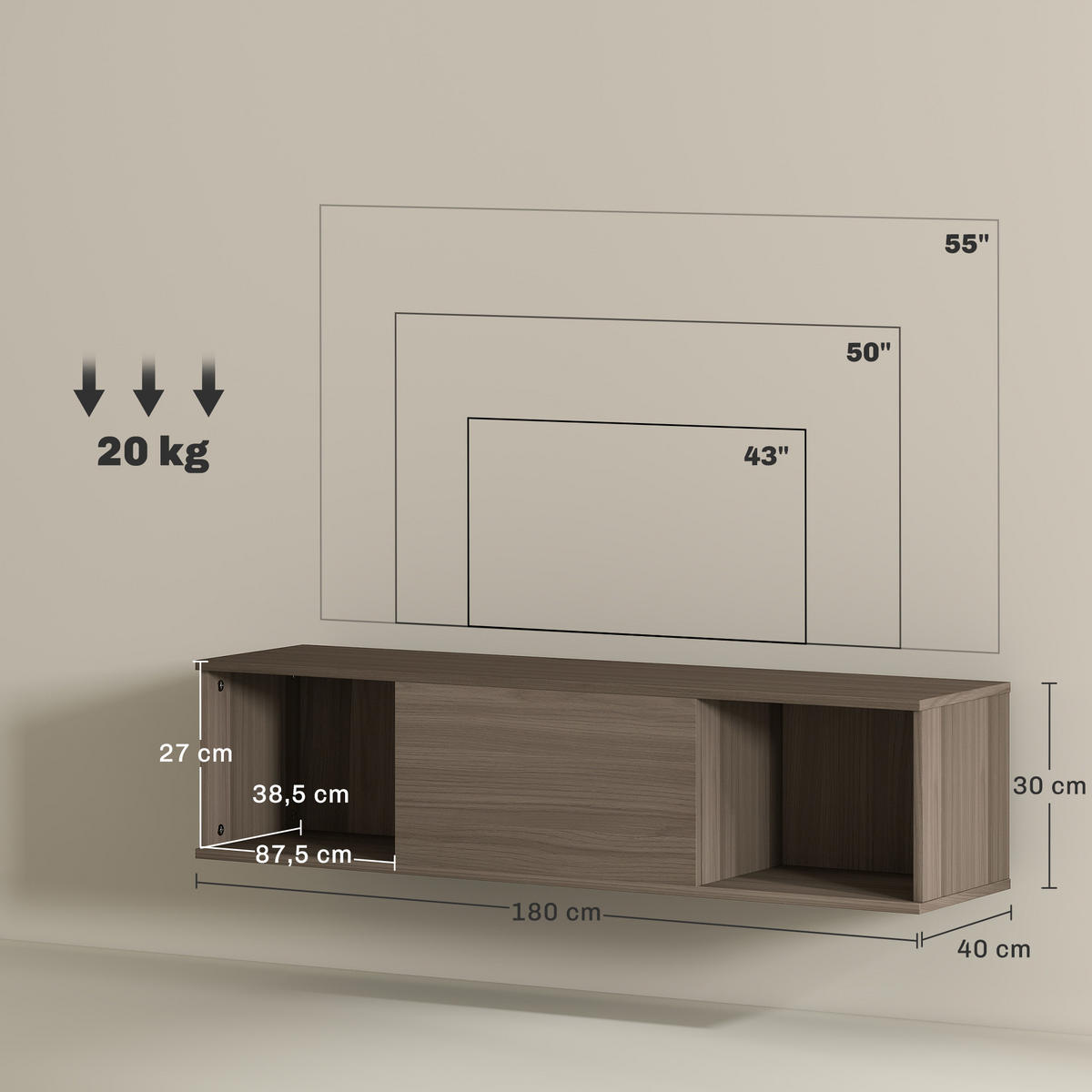 LOWBOARD DE-15917 Wandhängend mit Klapptür Braun - Braun, Holzwerkstoff (120/29.5/30cm) - ComfortXL