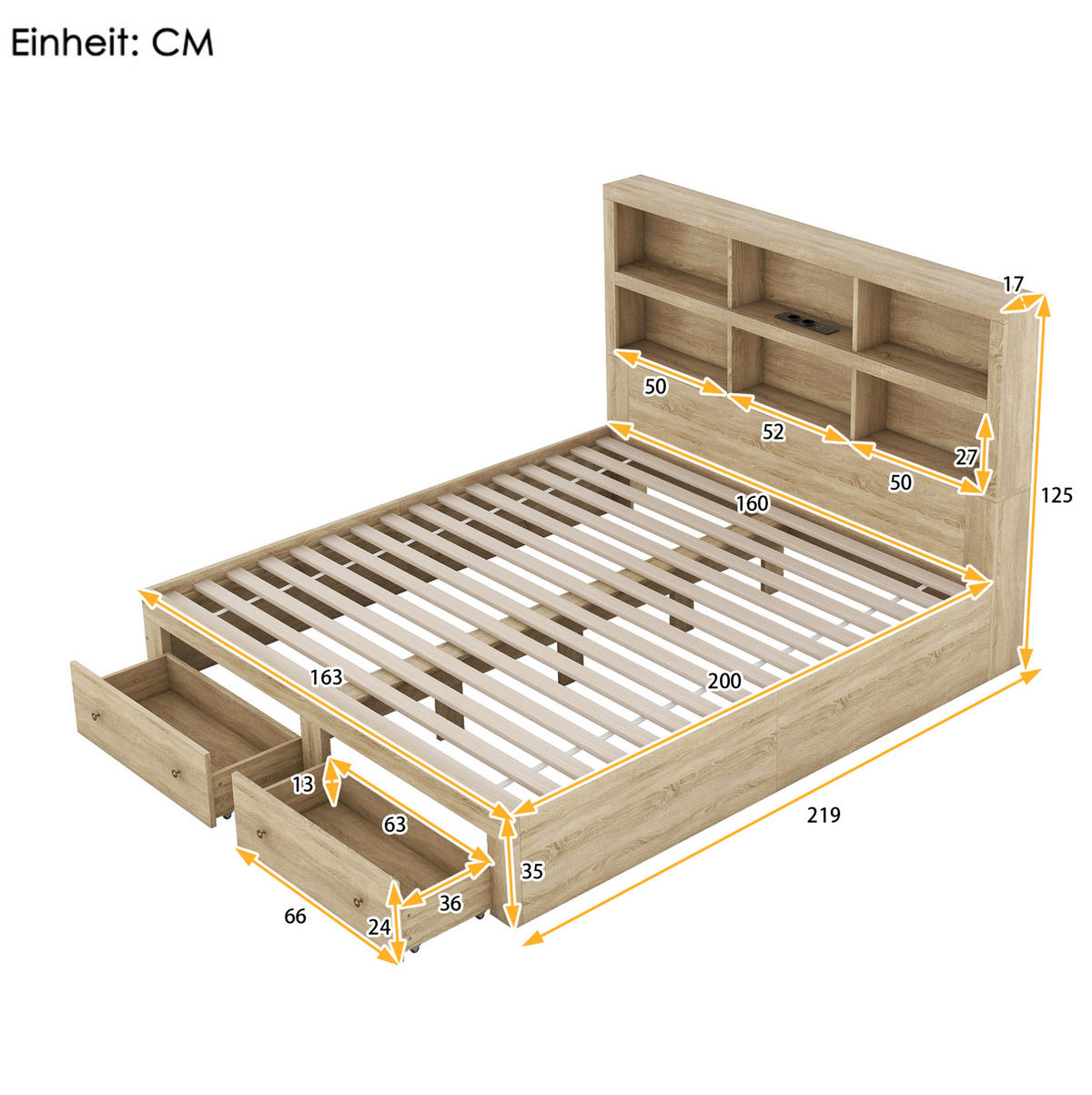BETT 160/200 cm in Natur mit Stauraum und USB-Anschluss - Naturfarben, Holzwerkstoff (160/200cm) - Flora Grace