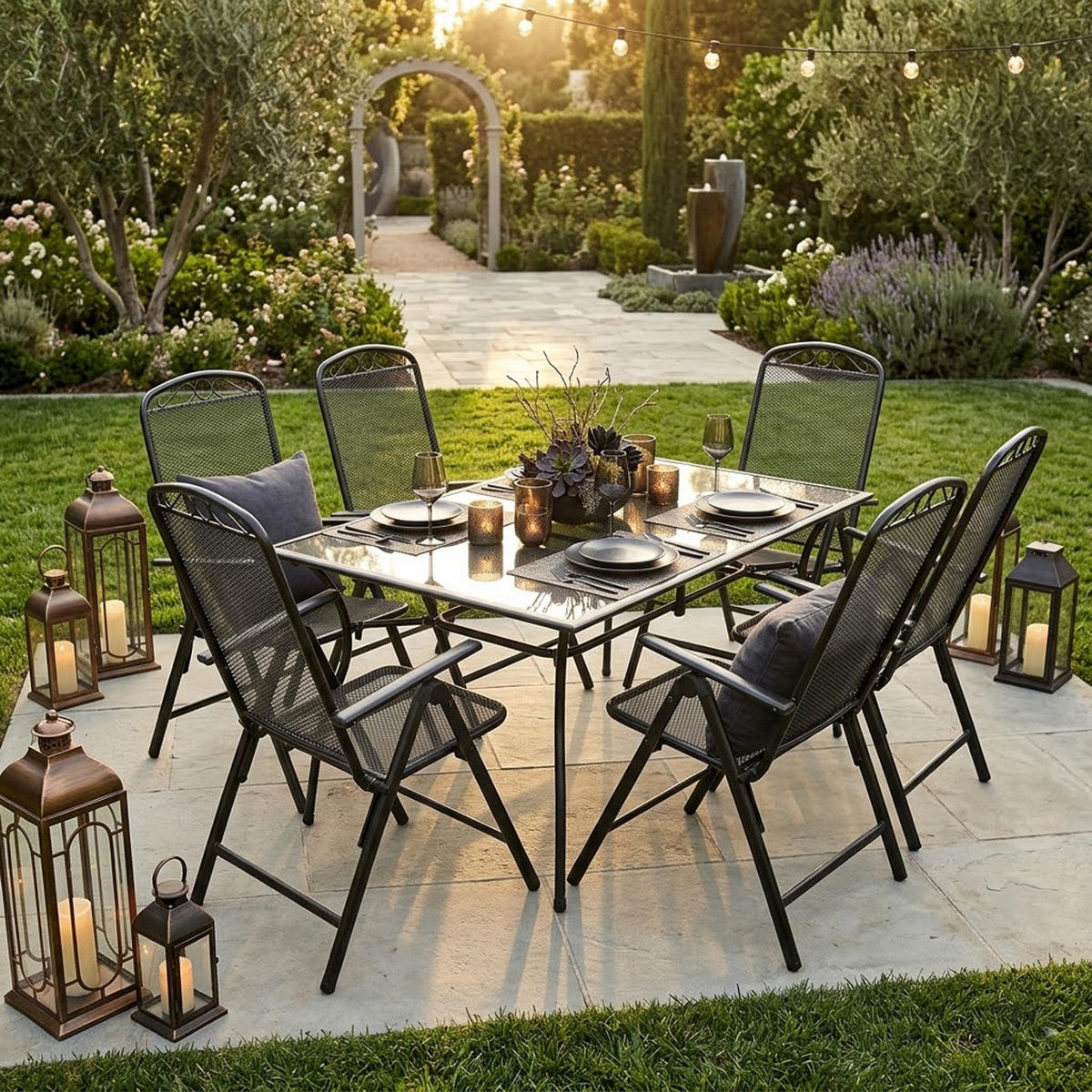 GARTENESSGRUPPE Glasgow - GartenGARTEN-GARNITUR für 6 Personen - Gartenmöbel Set 7-teilig - Streckmetall anthrazit - Grau, Metall - TPFGarden