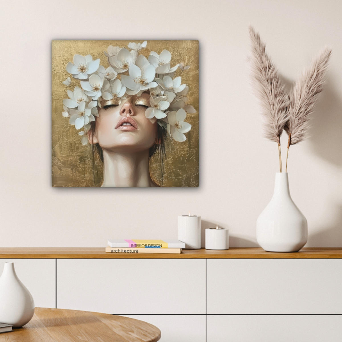 LEINWANDBILD Gesicht - Blumen - Gold - Abstrakt Wandbild Wohnzimmer 50x50 cm - Goldfarben, Textil (50/50cm) - MuchoWow