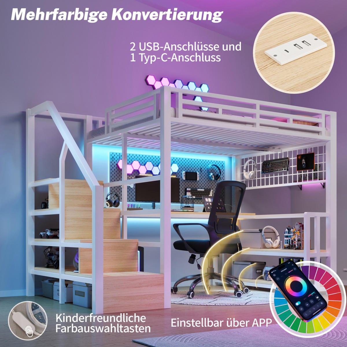 HOCHBETT 140/200 cm mit Schreibtisch, LED-Lichtleiste, USB und Stauraumtreppe aus Metall/MDF, Weiß - Weiß, Metall (140/200cm) - Redom