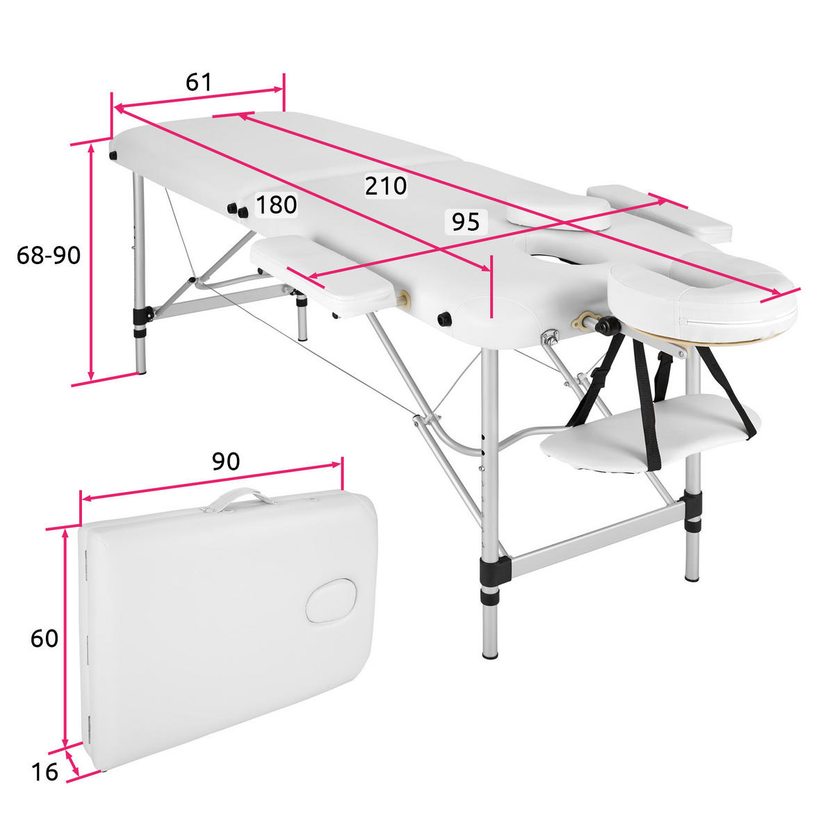 MASSAGELIEGE 2 Zonen, 210 x 95 x 89 cm,weiß - Weiß, Metall (60/89/205cm) - tectake