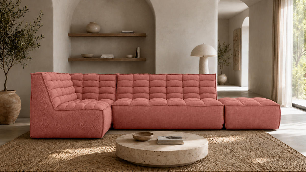 ROHOVÁ SEDAČKA modulární ve tvaru L s taburetem, plyšová tkanina Pop, Růžová, Levá strana, LAZY L s taburetem - růžová, dřevo (333/173cm) - Kaiser Möbel