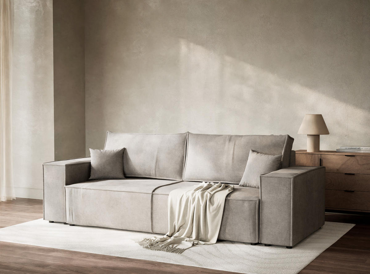 SOFA MIT SCHLAFFUNKTION Milos Grau Beige Webstoff - Beige/Schwarz, Holz/Holzwerkstoff (255/70/105cm) - Maison de Reve