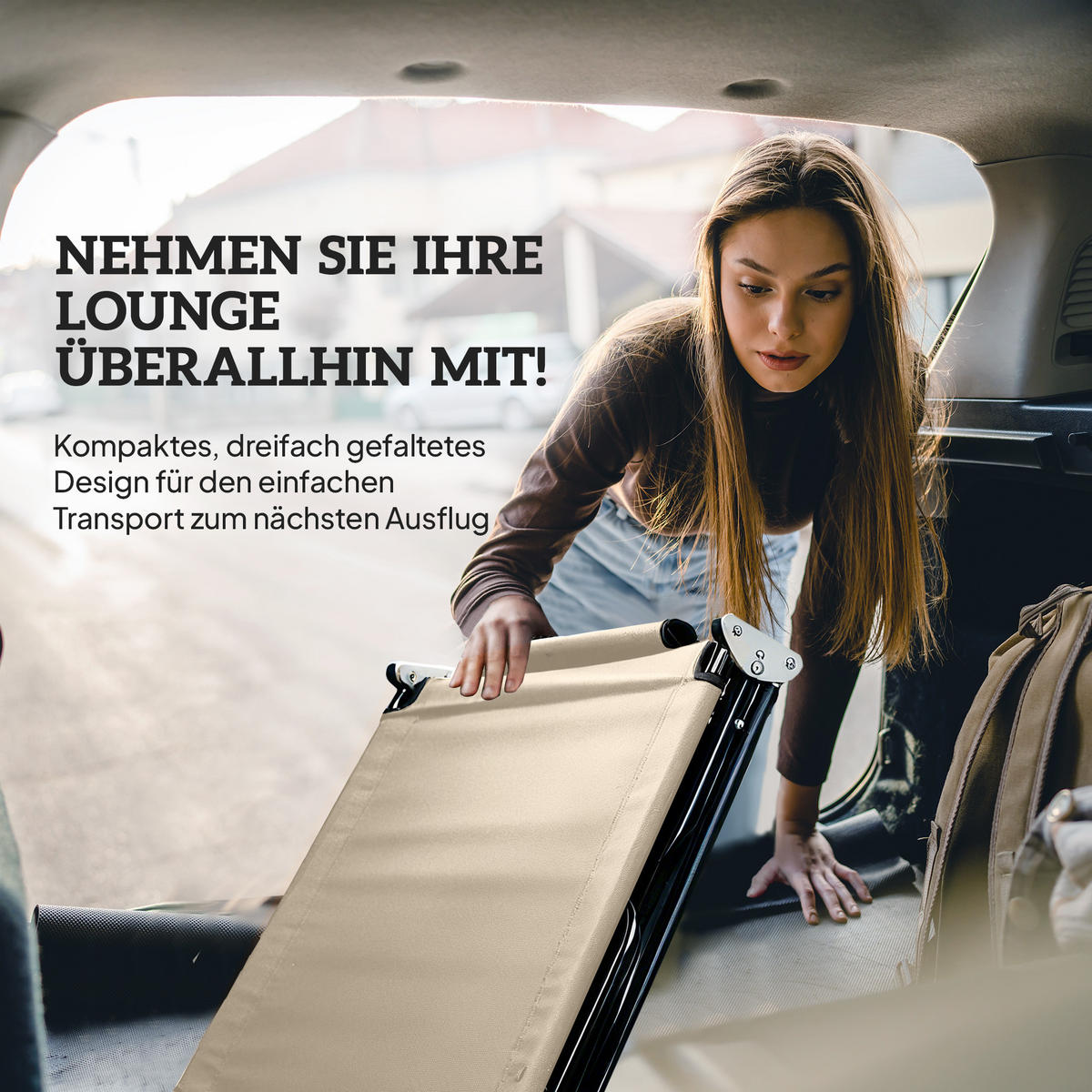 SONNENLIEGE klappbar mit Kopfkissen Beige - Schwarz Hochglanz/Beige, Textil/Metall (58/36/187cm) - Outsunny