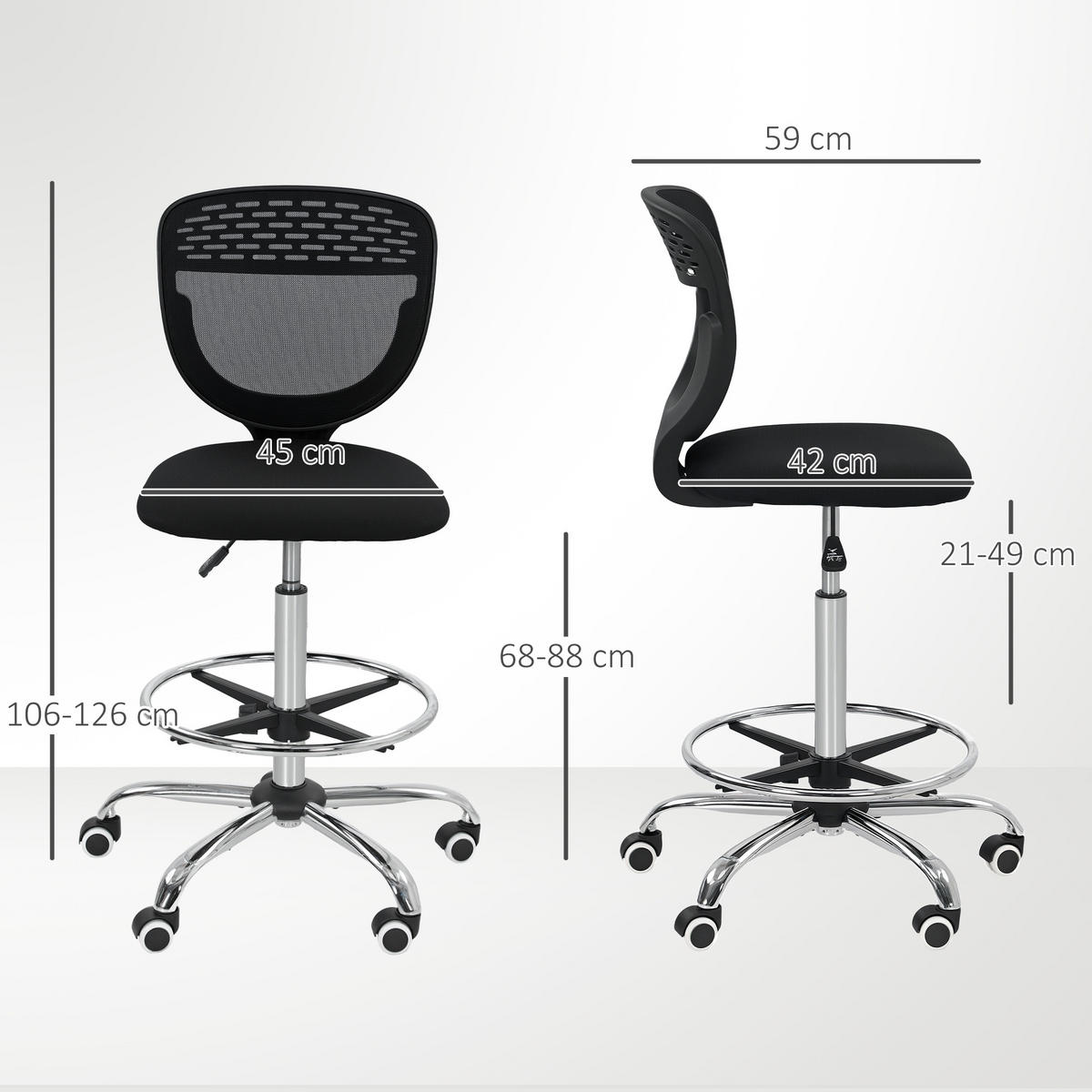 BÜROSTUHL Ergonomischer Schreibtischstuhl mit verstellbarer Fußring Schwarz - Schwarz, Kunststoff (59/126/59cm) - Vinsetto