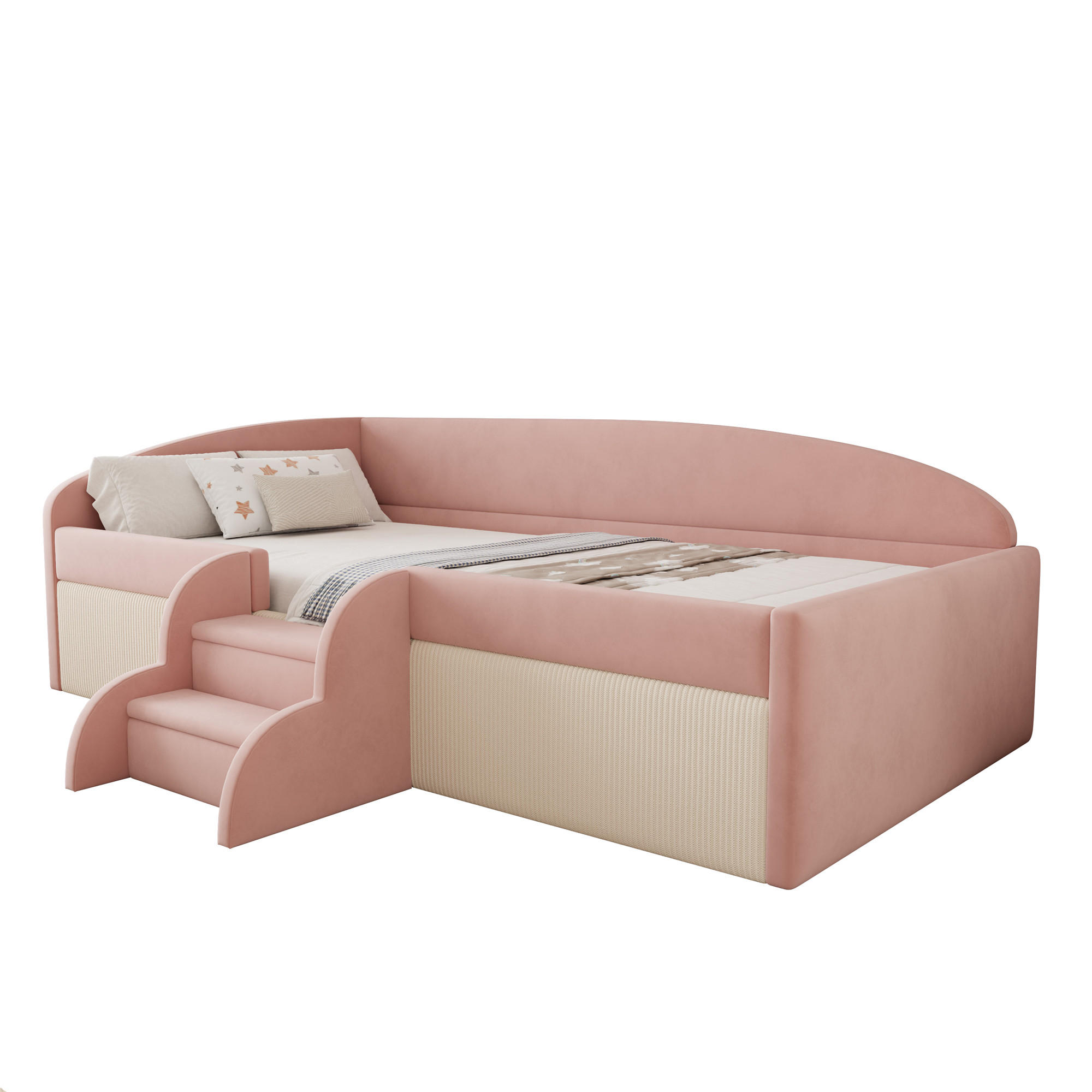 KINDERBETT 90/190 cm in Rosa & Cremeweiß Samt mit Stufen und Schutzbügel - Rosa/Weiß, Holzwerkstoff/Textil (90/190cm) - WISHDOR