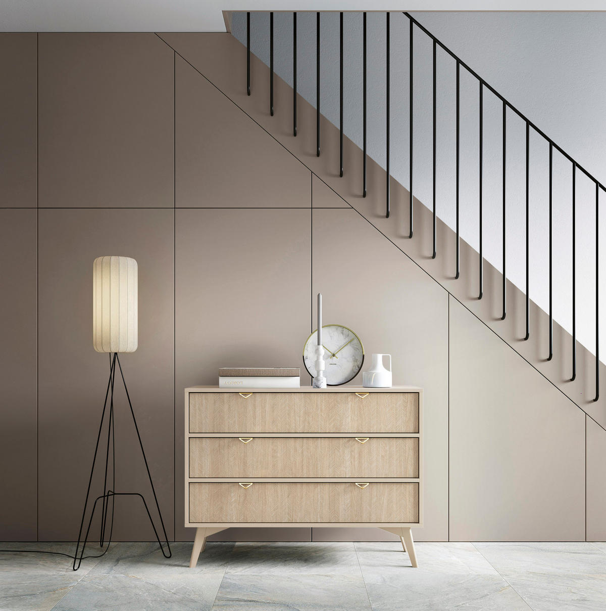 KOMMODE Silva 106 cm in Sandbeige + Scandi-Fischgrätmuster mit Schubladen - Beige/Goldfarben, Holz/Holzwerkstoff (106/81/38cm) - Ravio