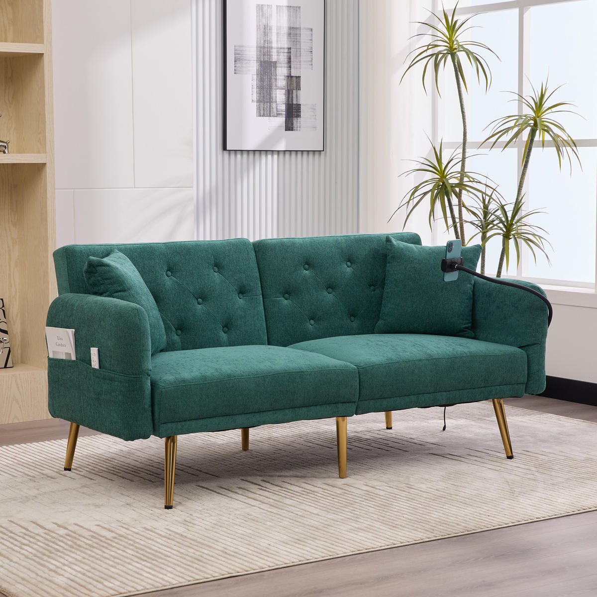 SOFABETT 2-Sitzer mit verstellbarer Rückenlehne & USB-Anschlüssen Chenille Smaragd 173/78/78 cm - Dunkelgrün, Textil (173/78/78cm) - OKWISH