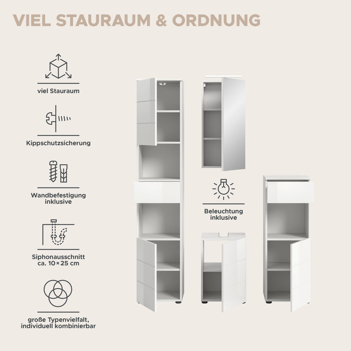 BADKOMBINATION Vira Bad in weiß Melamin und weiß hochglanz B/H/T: 144x190x34 cm - Weiß, Holz (144/190/34cm)