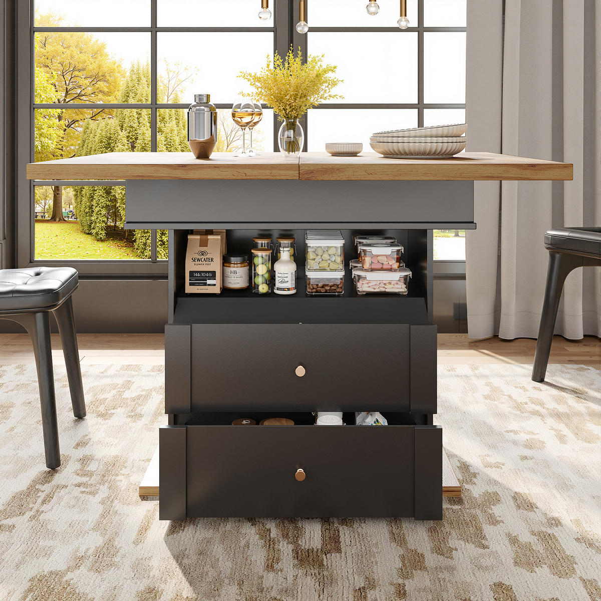 ESSTISCH Ausziehbarer aus MDF mit Stauraum & Klapptür, 110–140/80/75 cm, Schwarz/Natur - Schwarz, Holzwerkstoff (110/80/75cm) - Redom