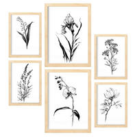 POSTER Set Mit 6 Zarte Blumen Natur Und Botanikdrucke Mit Blumenmotiven In Klassischem Schwarz Und Weiß A3 & A4 Rahmen Aus Hellem Holz - Beige, Papier (29/3cm) - Nacnic