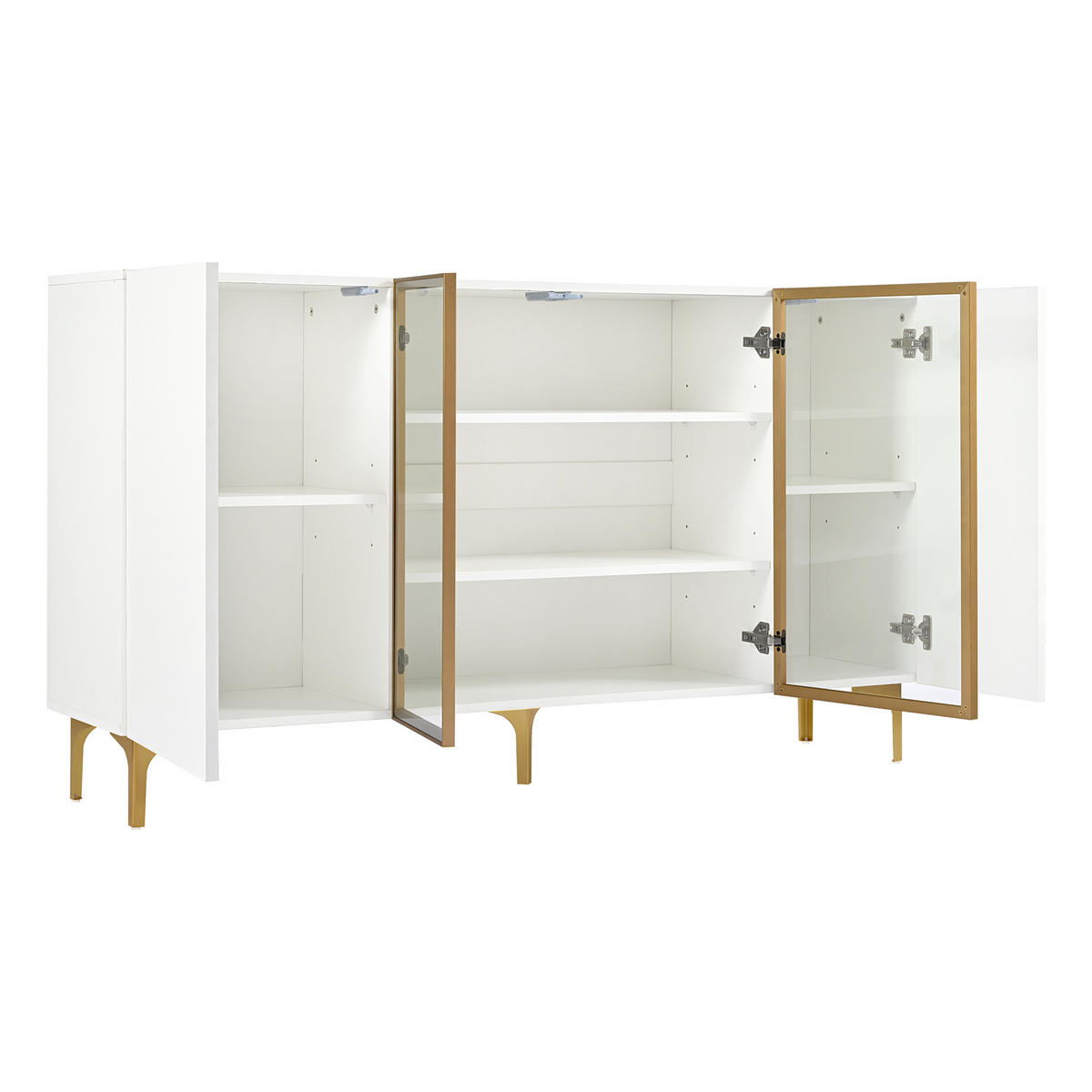 SIDEBOARD mit 4 Türen, grifflos, MDF und gehärtetes Glas, modernes asymmetrisches Design, goldfarbenen Metallfüßen, 150/38/85 cm, Weiß - Weiß, Holzwerkstoff (150/85/38cm) - Redom