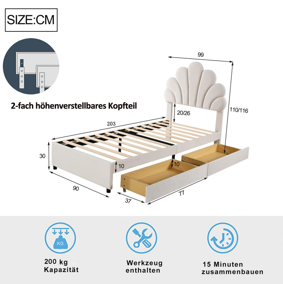 KINDEREINZELBETTEN aus Samt 90x200 cm in Beige mit 2 Schubladen & Lattenrost - Beige, Textil (90/200cm) - Modfu