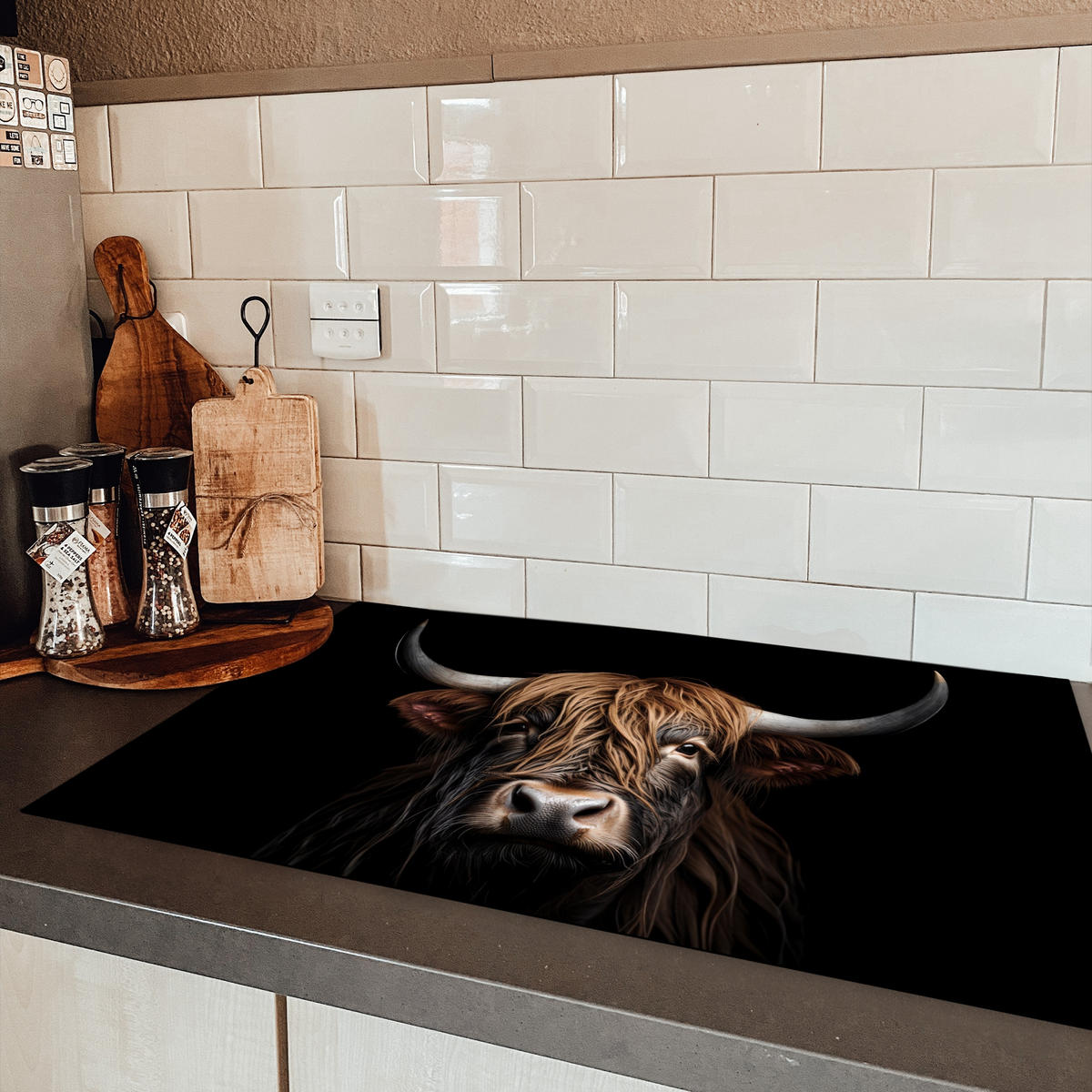 HERDABDECKPLATTE Schottischer Highlander - Porträt - Schwarz - Tier Induktionsmatte 83x51 cm - Braun, Kunststoff (83/51.5/0.2cm) - MuchoWow