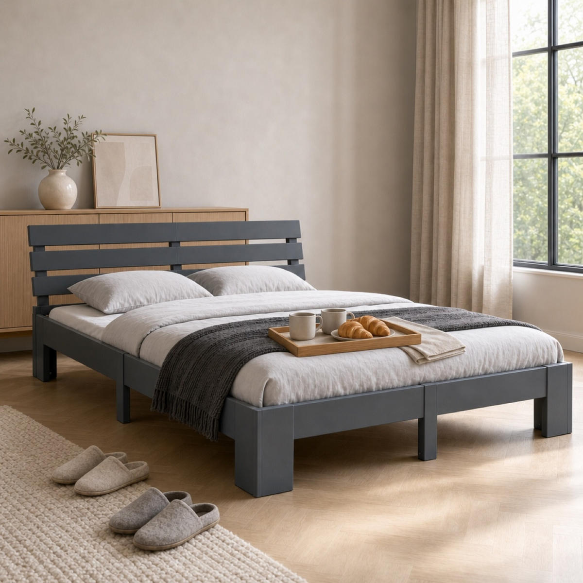 POSTEL Siva masivni les bor z letvenim dnom 140x200 cm - antracit, les - Relaxdays