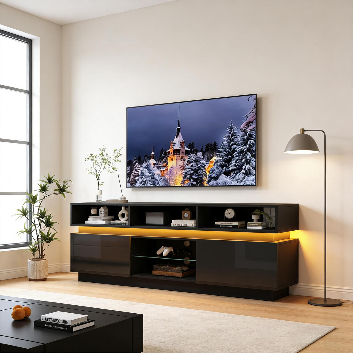 TV-LOWBOARD 160x35x60 cm Schwarz Hochglanz LED MDF 60" TV - Schwarz, Holzwerkstoff (35/60/160cm) - FLIEKS