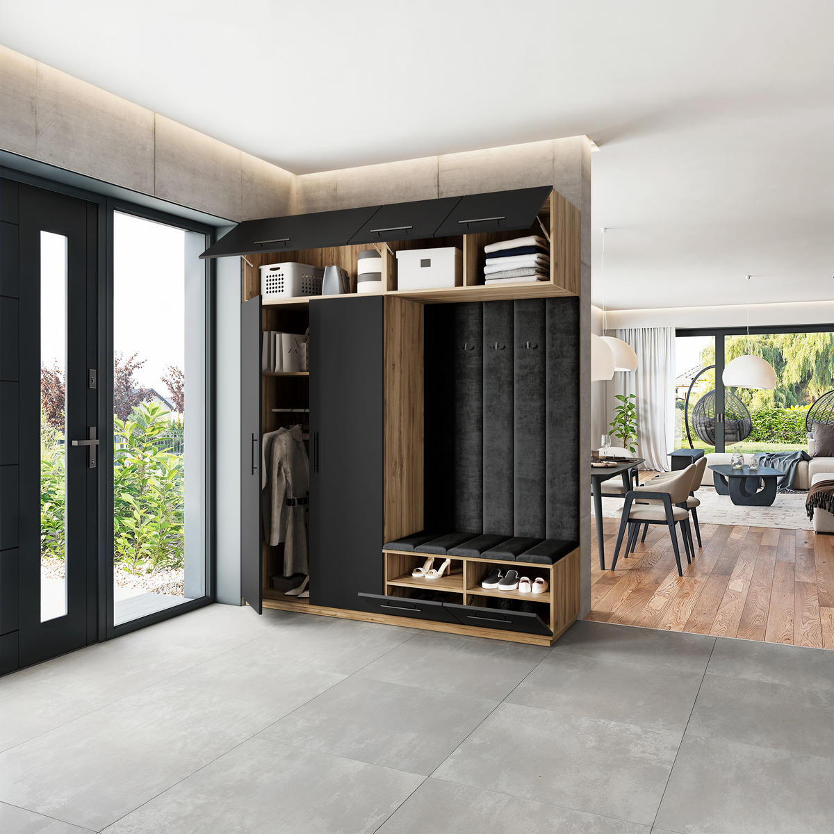 GARDEROBENSCHRANK REMA 200/240/60 cm Modern Eiche Wotan - Eiche Wotan/Schwarz, Holzwerkstoff (200/240/60cm) - MASSENO