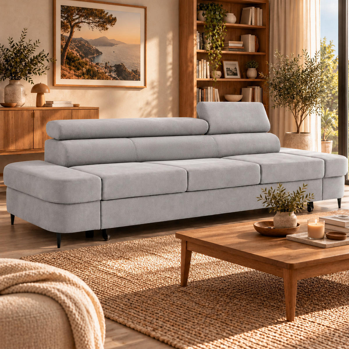 3-SITZER Sofa PRIAM mit Schlaffunktion 125x277 Velours Hellgrau - Hellgrau/Schwarz, Holz/Textil (278/95/102cm) - Muffo
