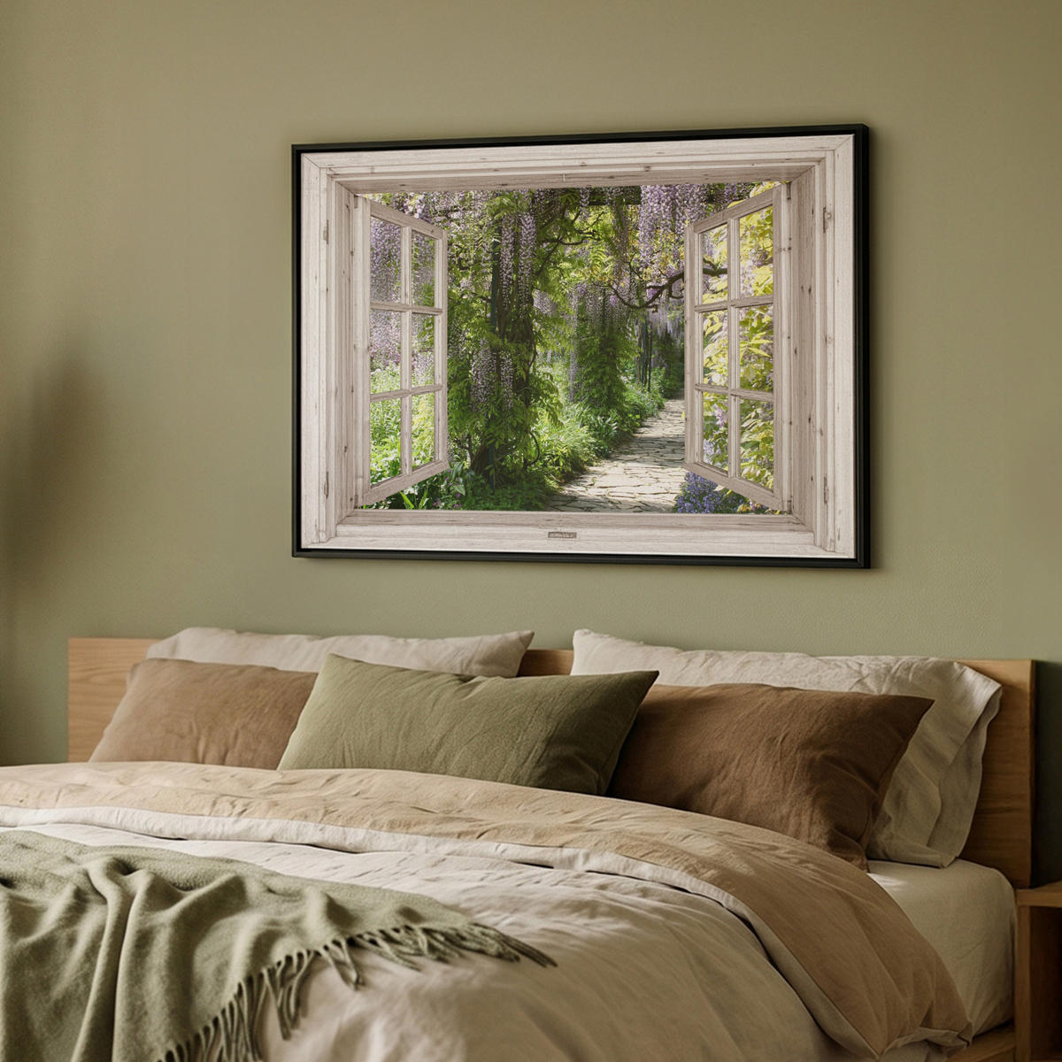 LEINWAND Bilder mit Rahmen - Blauer Regen - Blumen - Aussicht - Baum - Frühling - 100x70 - Grün, Textil (100/70cm) - MuchoWow