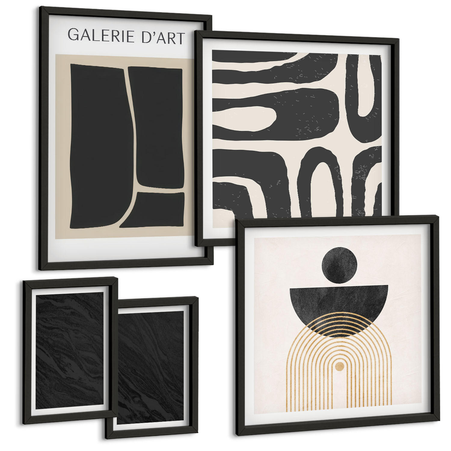 BILDER SET 5er Set - 50x50 cm & 20x30 cm & 40x60 cm Schwarzer Rahmen - Abstrakte Marmorformen - Schwarz, Kunststoff (40/60cm) - TULUP