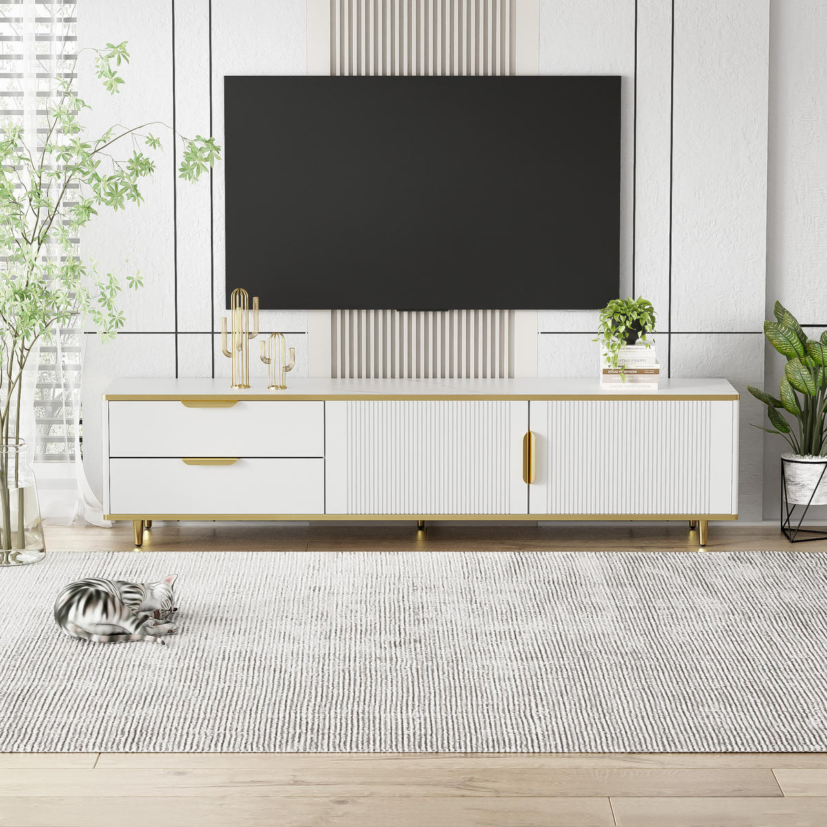 TV-SCHRANK in Weiß und Gold mit 2 Schubladen und 2 Türen 175/40/45 cm - Weiß, Holzwerkstoff (175/45/40cm) - Redom