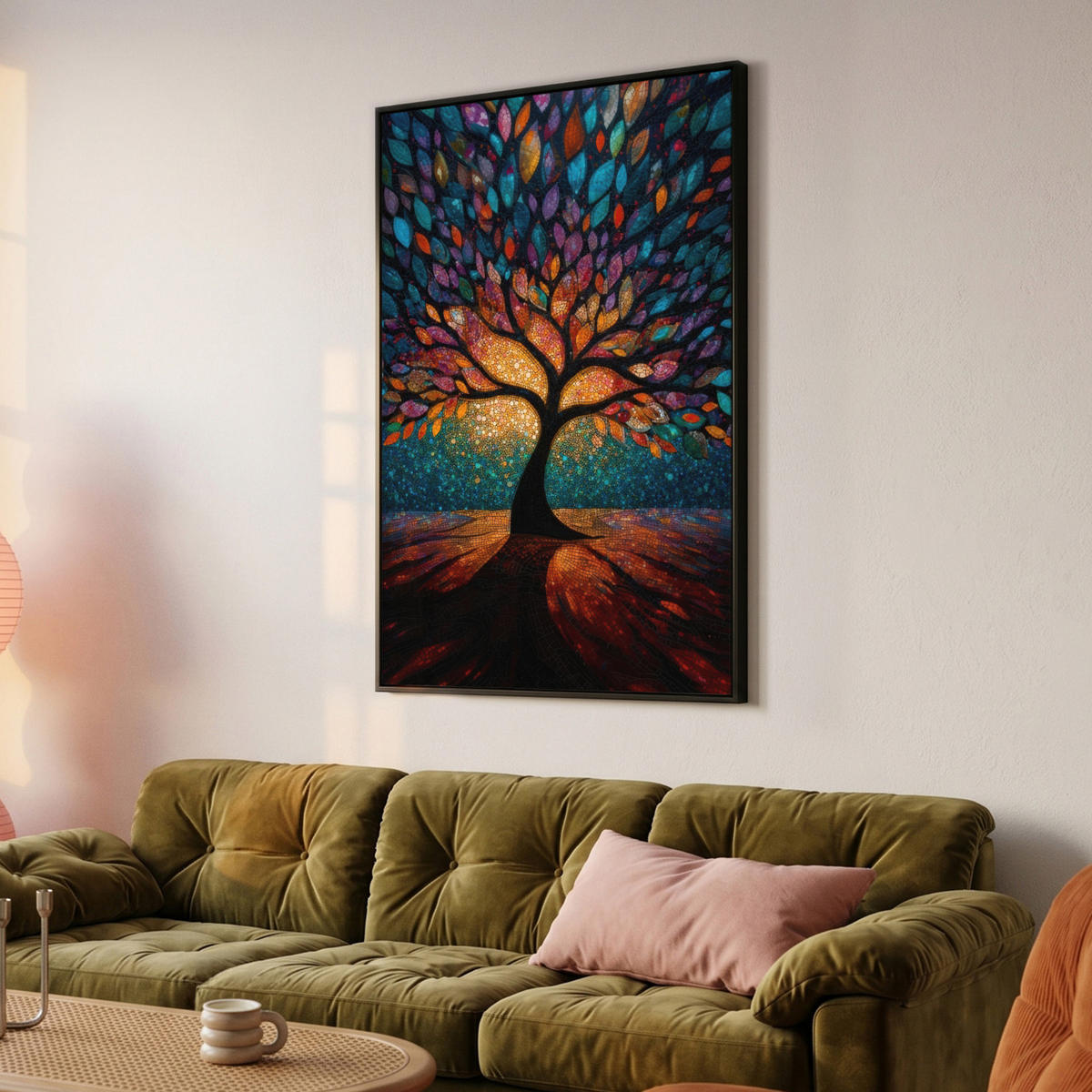 LEINWAND Bilder mit Rahmen - Mosaik - Bunt - Baum - Äste - 90x140 - Multicolor, Textil (90/140cm) - MuchoWow